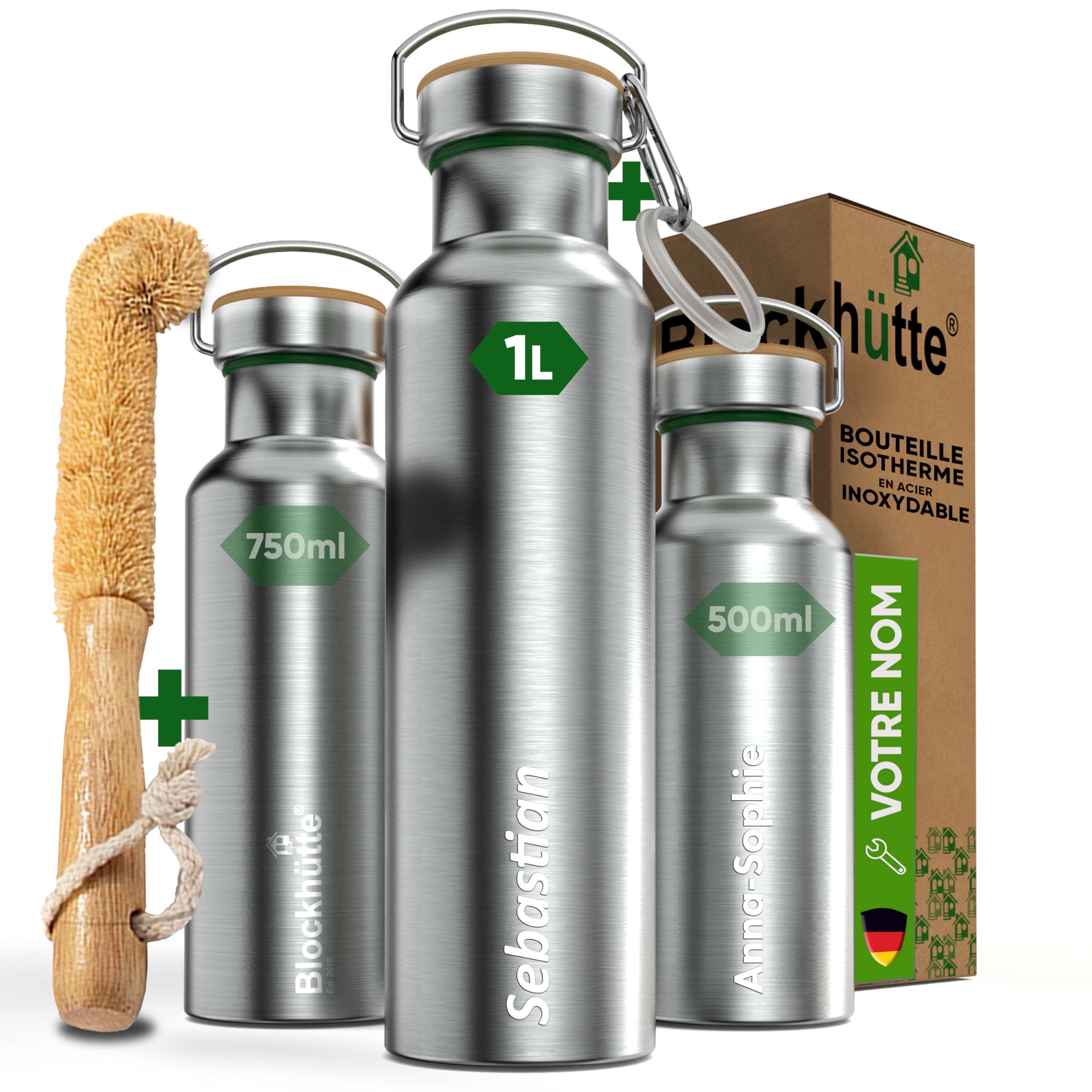 Blockhütte gourde isotherme personnalisée en acier inox, bouteille isotherme 1l, bouteille d'eau anti-fuite, gourde thermos passe au lave-vaisselle I pour école, bureau, enfants, adultes