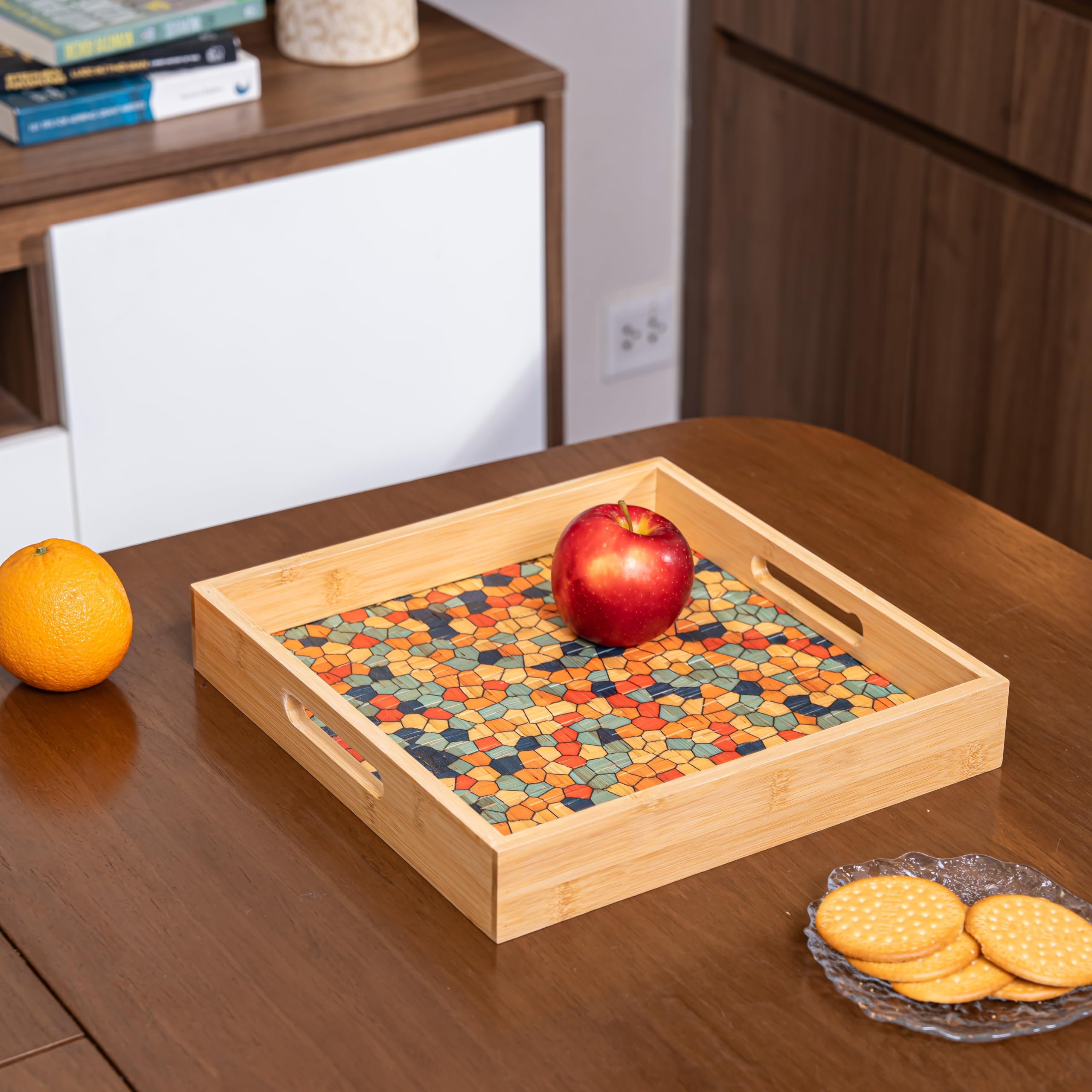 PEMAR Bandeja cuadrada de bambú de 12.2 pulgadas con asa para alimentos y bebidas, bandejas rectangulares de madera decorativas para mesa de café, comer en la cama (mosaico)