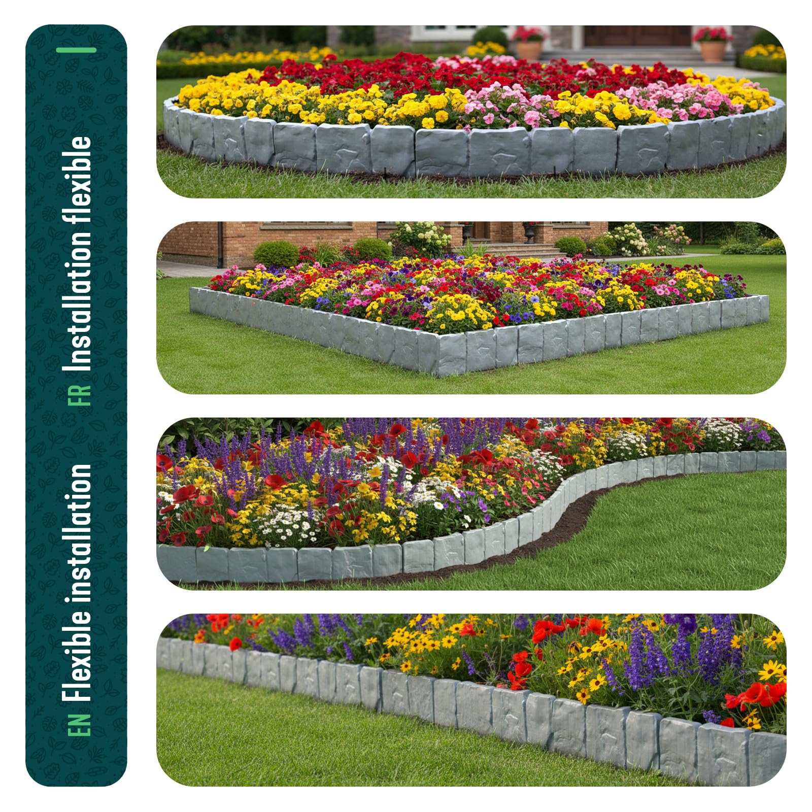 VOUNOT® Borde Jardín Efecto Piedra 15M PP Set 60 Bordura 25x23cm Gris Claro