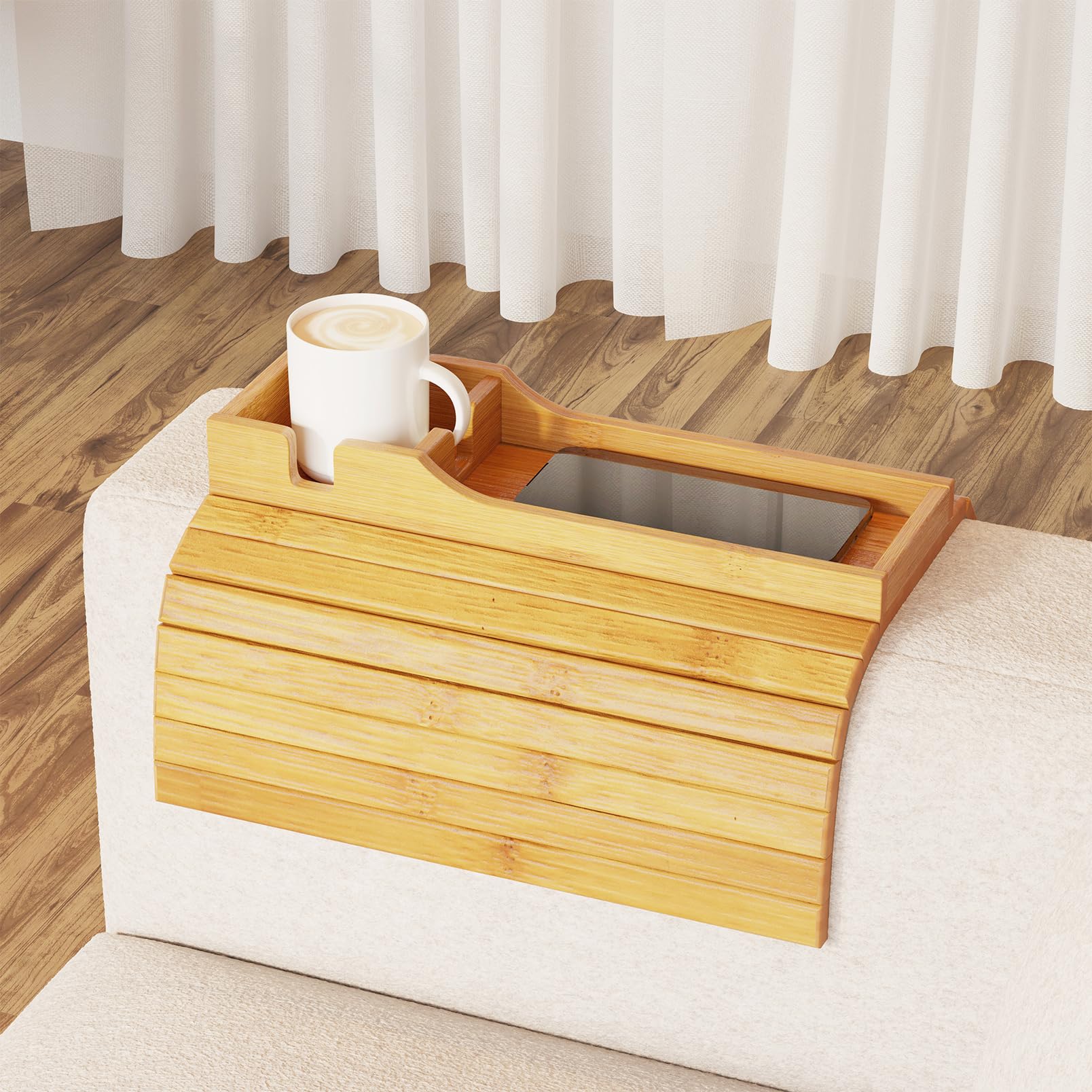 SpaceAid Bamboo Couch Cup Holder, Anti Falling Foldable Sofa Armrest Tray with Cup Holder, Couch Arm Side Table Organizer for Drink Cup Remote Snacks (Natural)