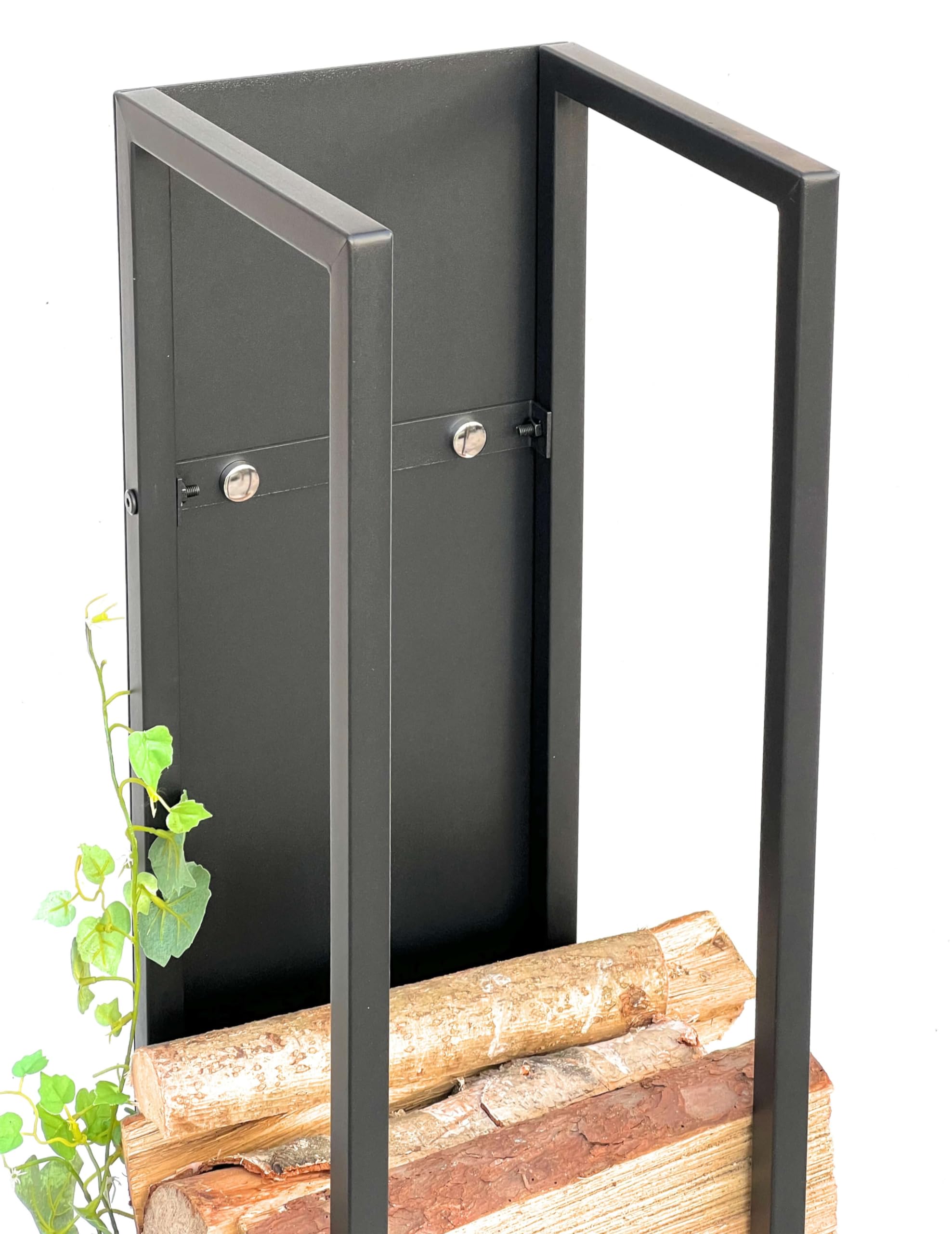 DanDiBo Regał na drewno kominkowe, do wnętrz, metalowy, czarny, stojak na drewno kominkowe, 120 cm, z tylną ścianą, wiszący kosz na drewno, stojak na drewno kominkowe (wysokość 120 cm)