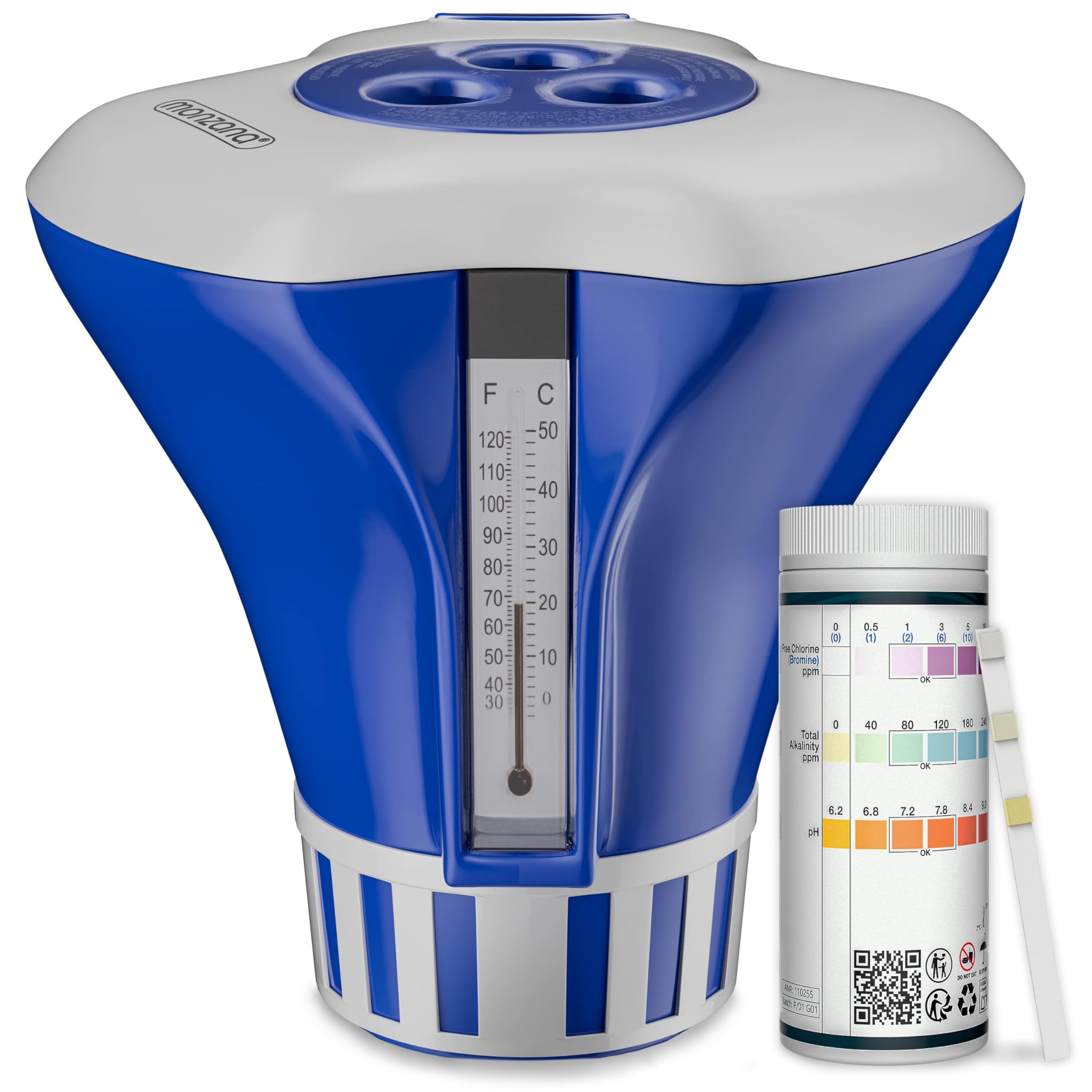 MONZANA® Dosierschwimmer Pool für 20-200g Tabletten inklusive 150 3in1 Teststreifen Klein Groß UV- Resistent Chlor Schwimmer Dosierer mit Thermometer