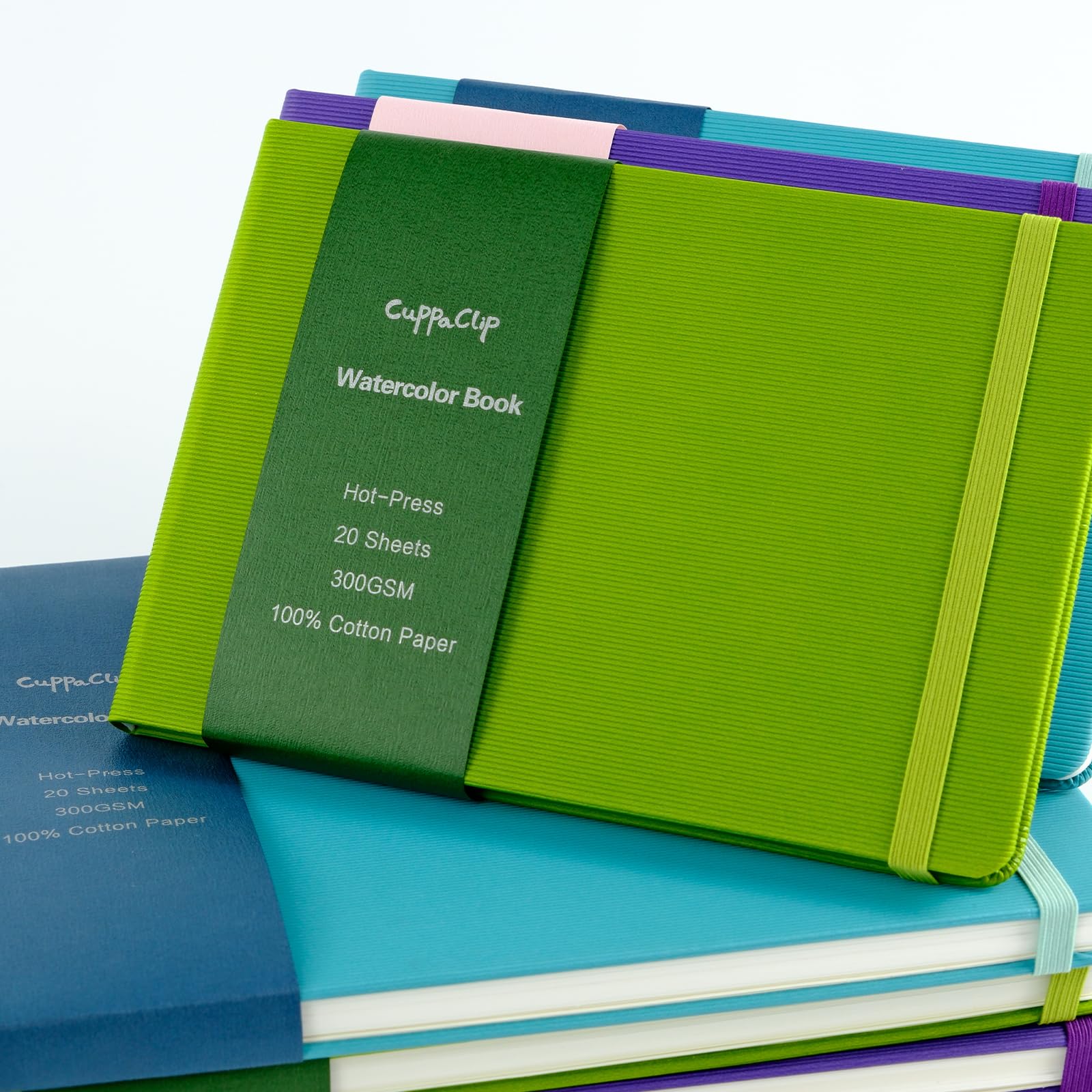 CuppaClip Quaderno per schizzi con carta ad acquerello in cotone pressato a caldo con tasca interna, diario da viaggio, 300 g/m², 63,5 kg (viola+verde, 14,8 x 9,5 cm)