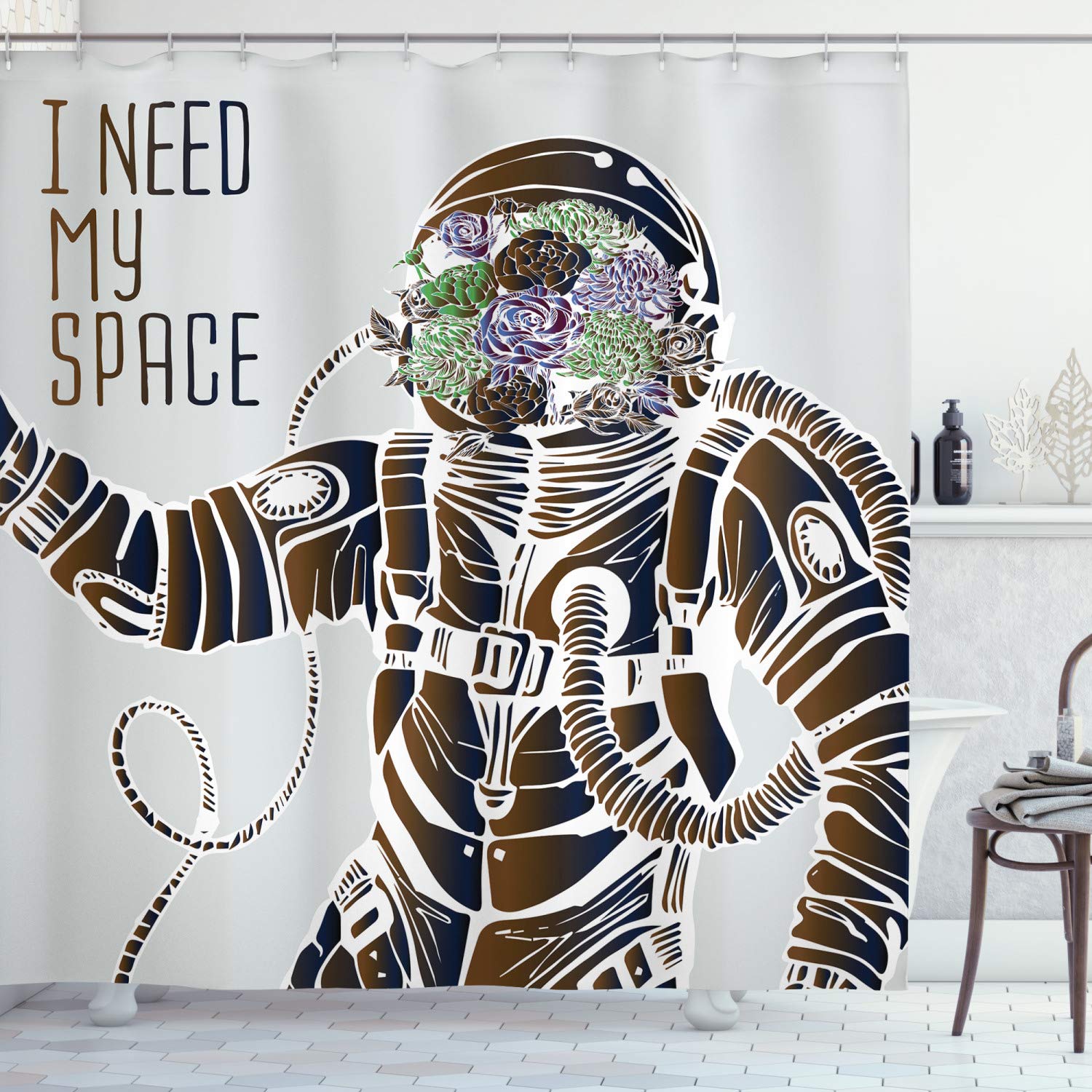 ABAKUHAUS Outer Space Shower Curtain, Funny Love Words with a Floral Head Cosmonaut Pilot Man Humor Illustration, Cloth Fabric Bathroom Decor Set with Hooks, 175 x 220 cm, Brown Gray