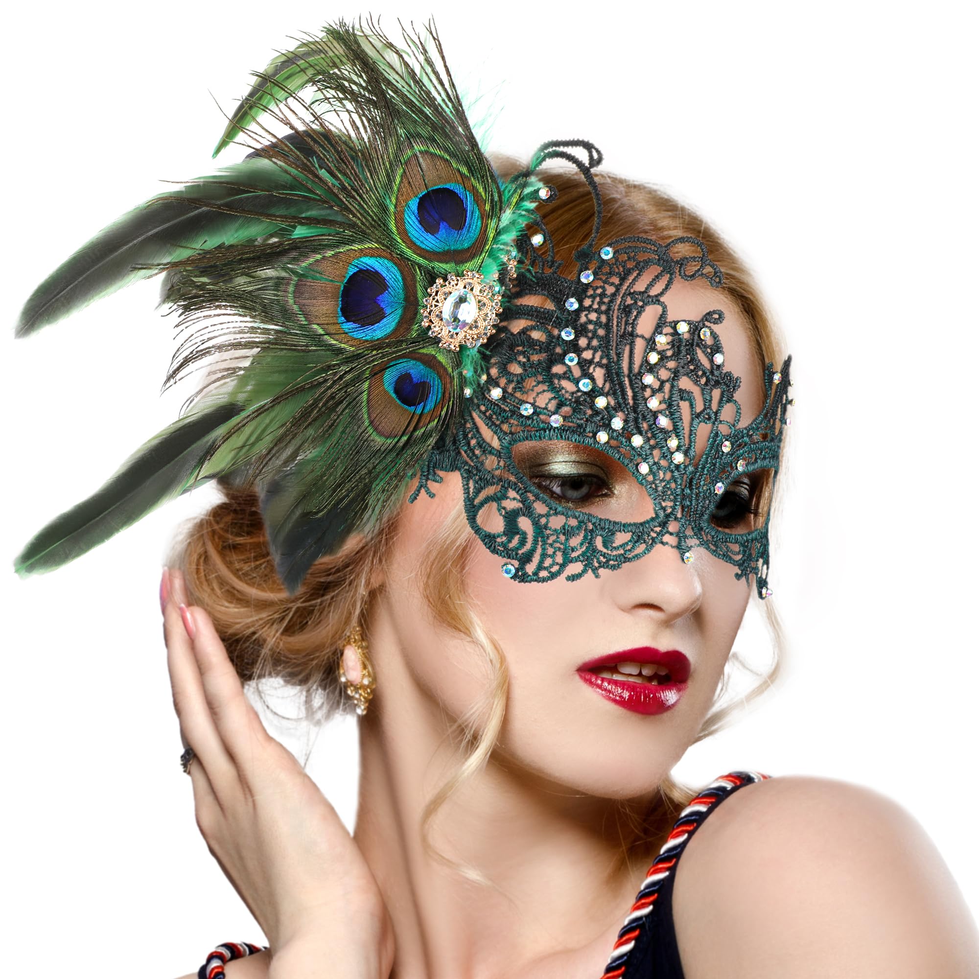ETOFETE Green Lace Masquerade Mask for Carnival Party Peacock Feathers Venetian Mask for Halloween Womens Mardi Gras - Image 3