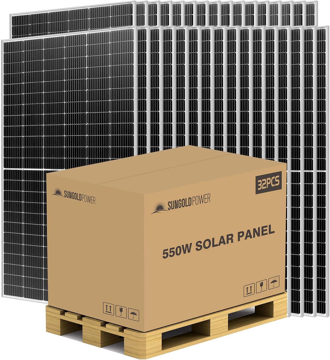 SUNGOLDPOWER 32pcs 560W Bifacial PERC Solar Panels Monocrystalline, High Efficiency up to 30%, High Power PV Module for Off-Grid, Residential & Commercial Solar Systems(Total 17920W)
