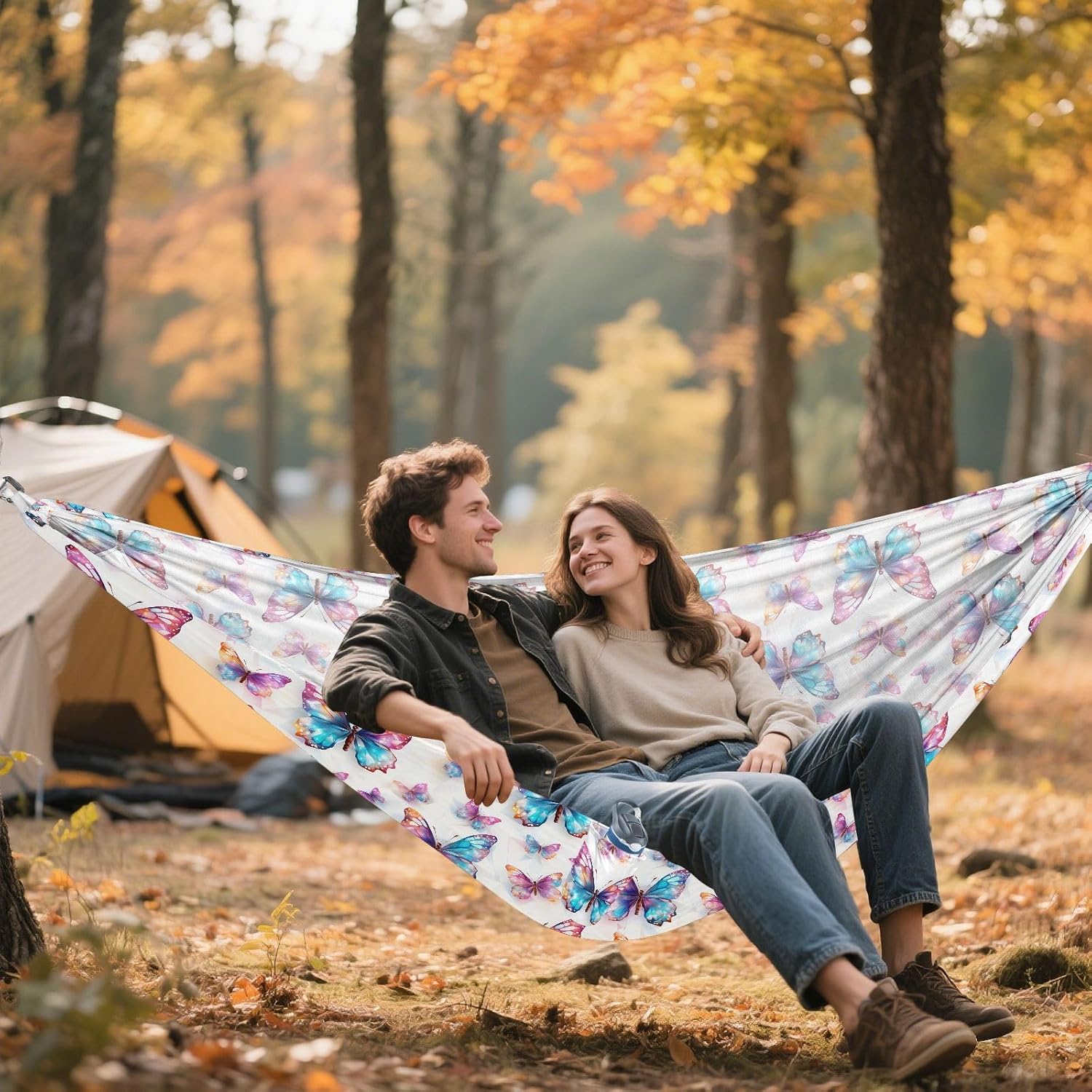 ALAZA Rainbow Butterfly Camping Hammocks Single or 2 Person 500 lbs Portable Parachute Travel Hammock w/Tree Straps for Hiking Backpacking Indoor Outdoor