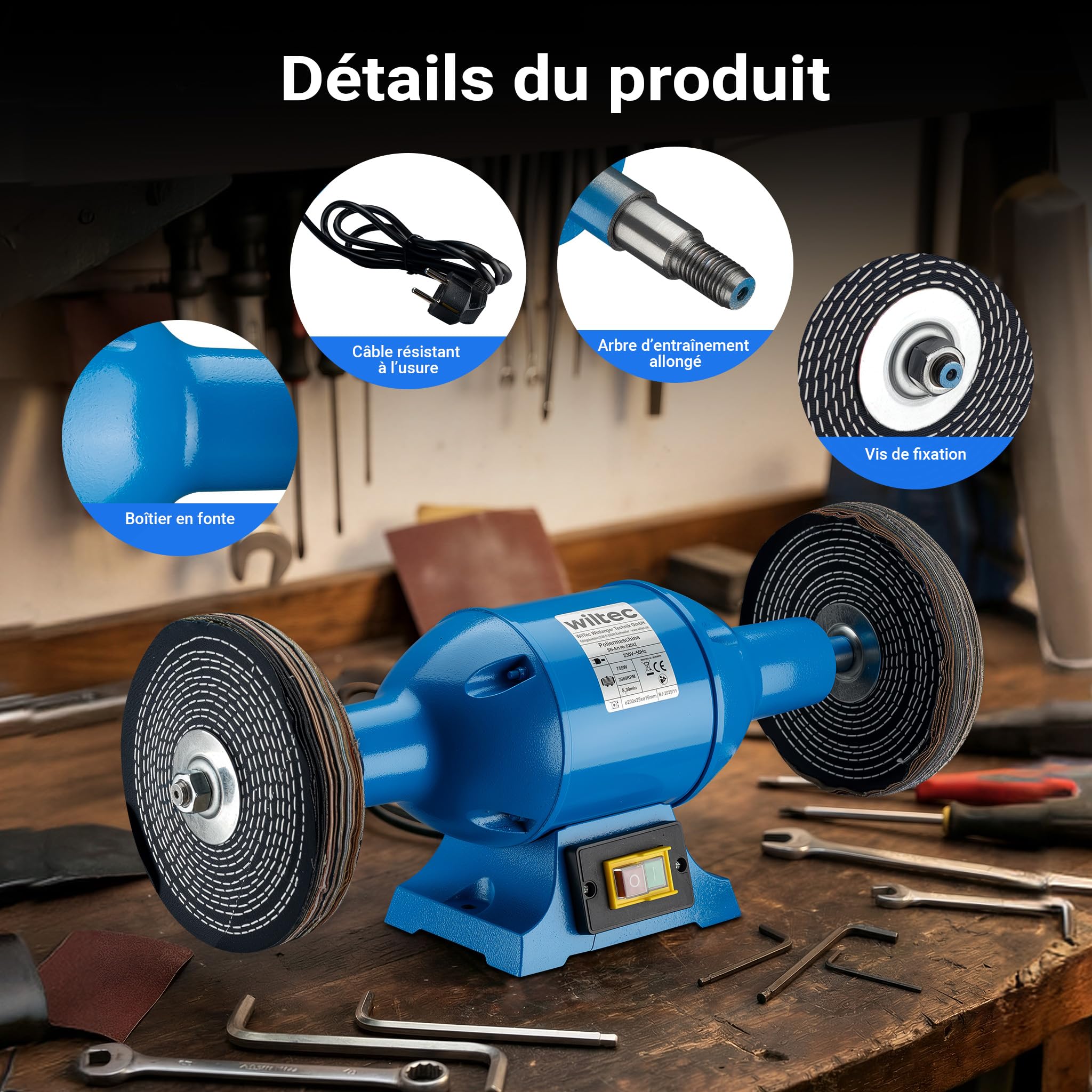 Machine à polir 750W avec deux disques de polissage Ø200mm Polisseuse double Boîtier robuste Base