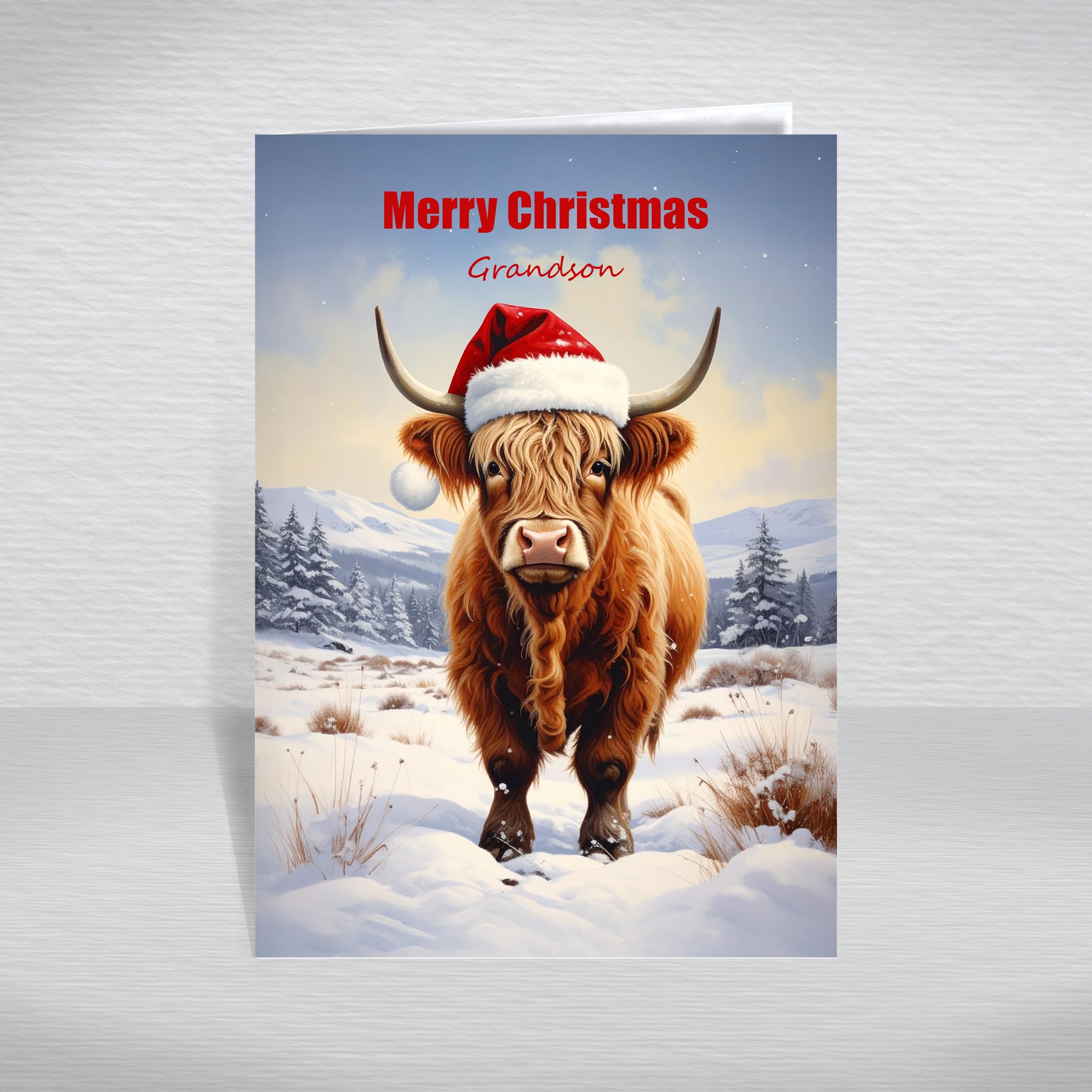 Funny Christmas Card for Grandson – Humourous Scottish Highland Cow Wearing a Santa Hat, A5 Luxury Greeting Card with a Special Verse: Grandson Christmas Card — image 1