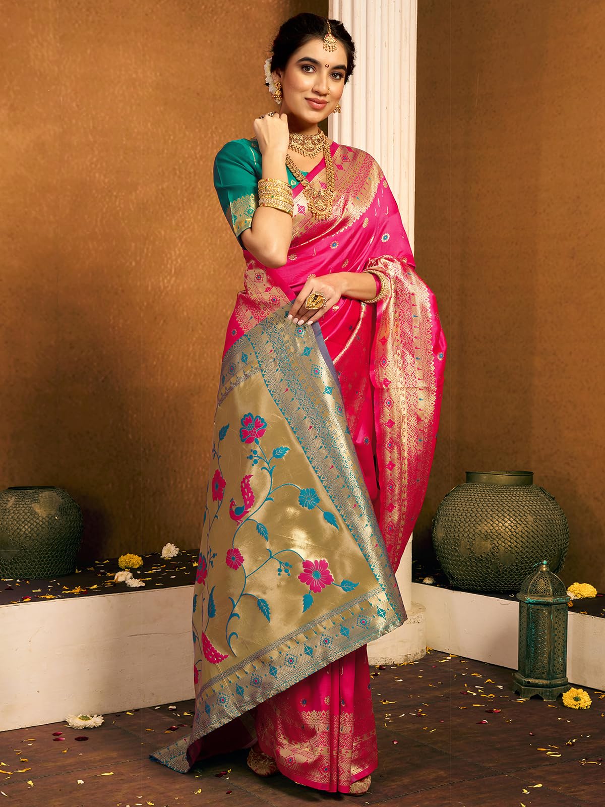 Satrani Women's Silk Paithani Jacquard Saree With Unstitched Blouse Piece (4048S6338N_Rani Pink & Teal Green)