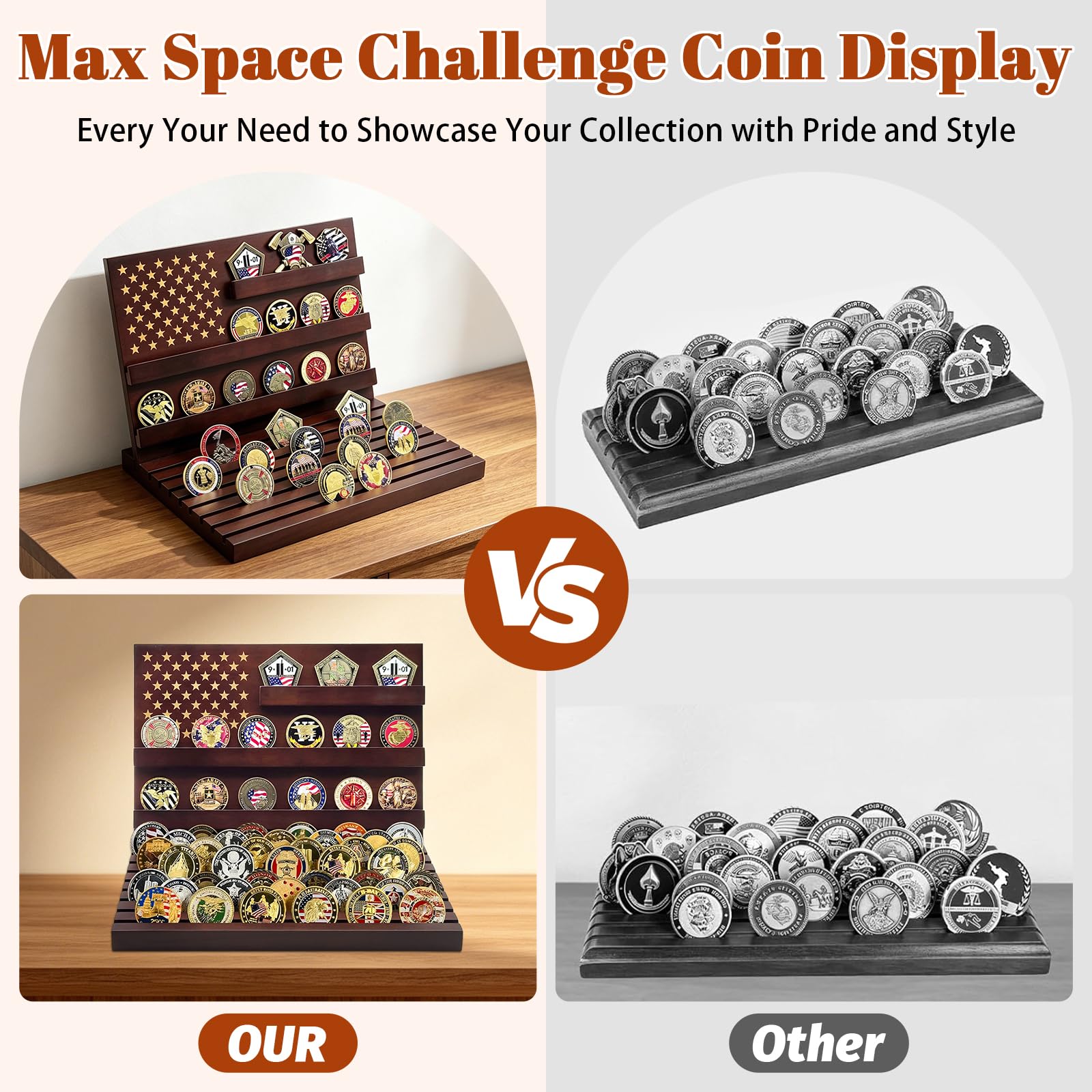 Challenge - Soporte Exhibición Militar para Monedas de Madera con Capacidad para 60-65 Monedas