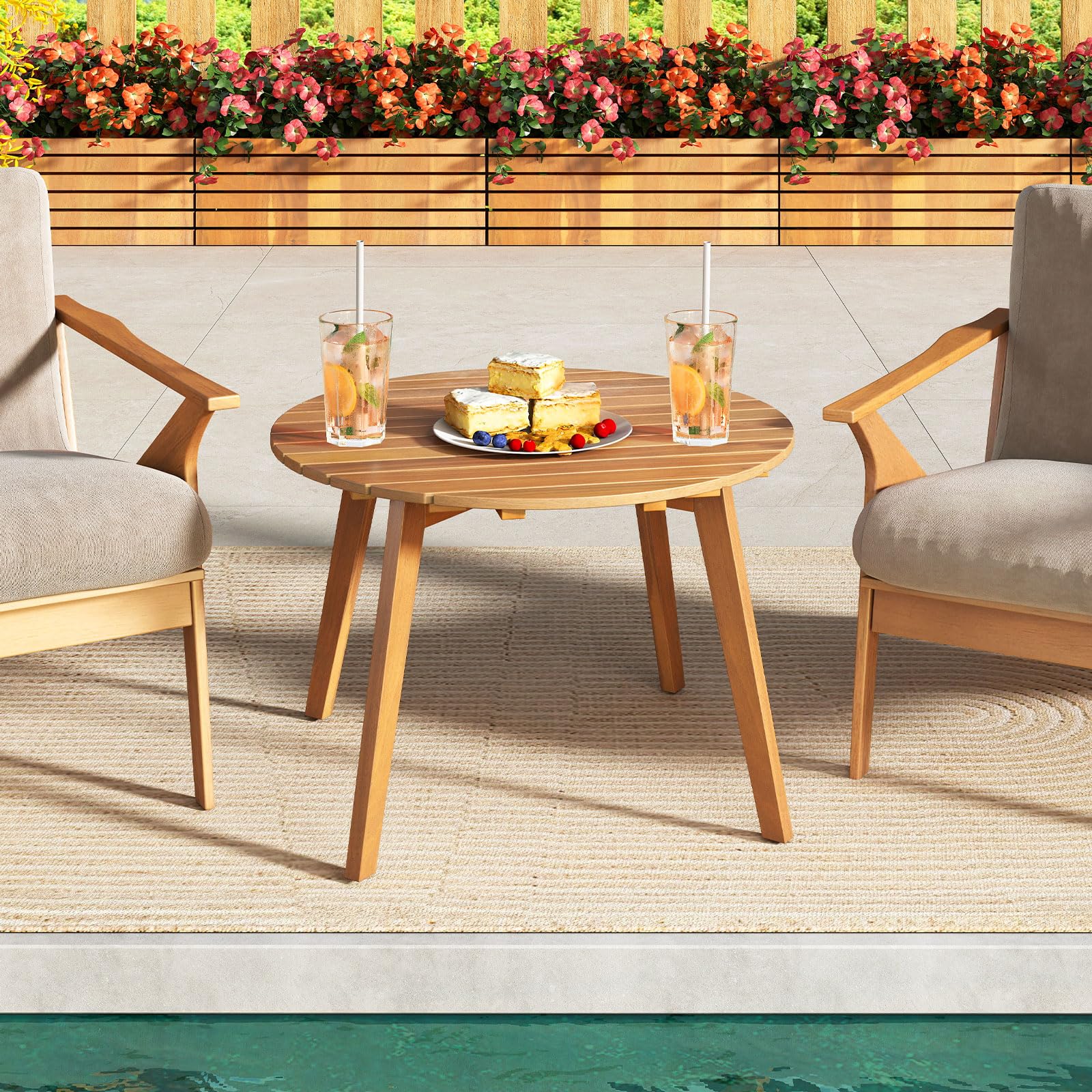 GOPLUS Table Basse Exterieur 62x40cm, Petite Table de Jardin en Bois d'Acacia avec Plateau Rond à Lattes&4 Pieds Fiables, Montage Facile, Meuble de Bistrot pour Terrasse Balcon Piscine, Charge 75kg