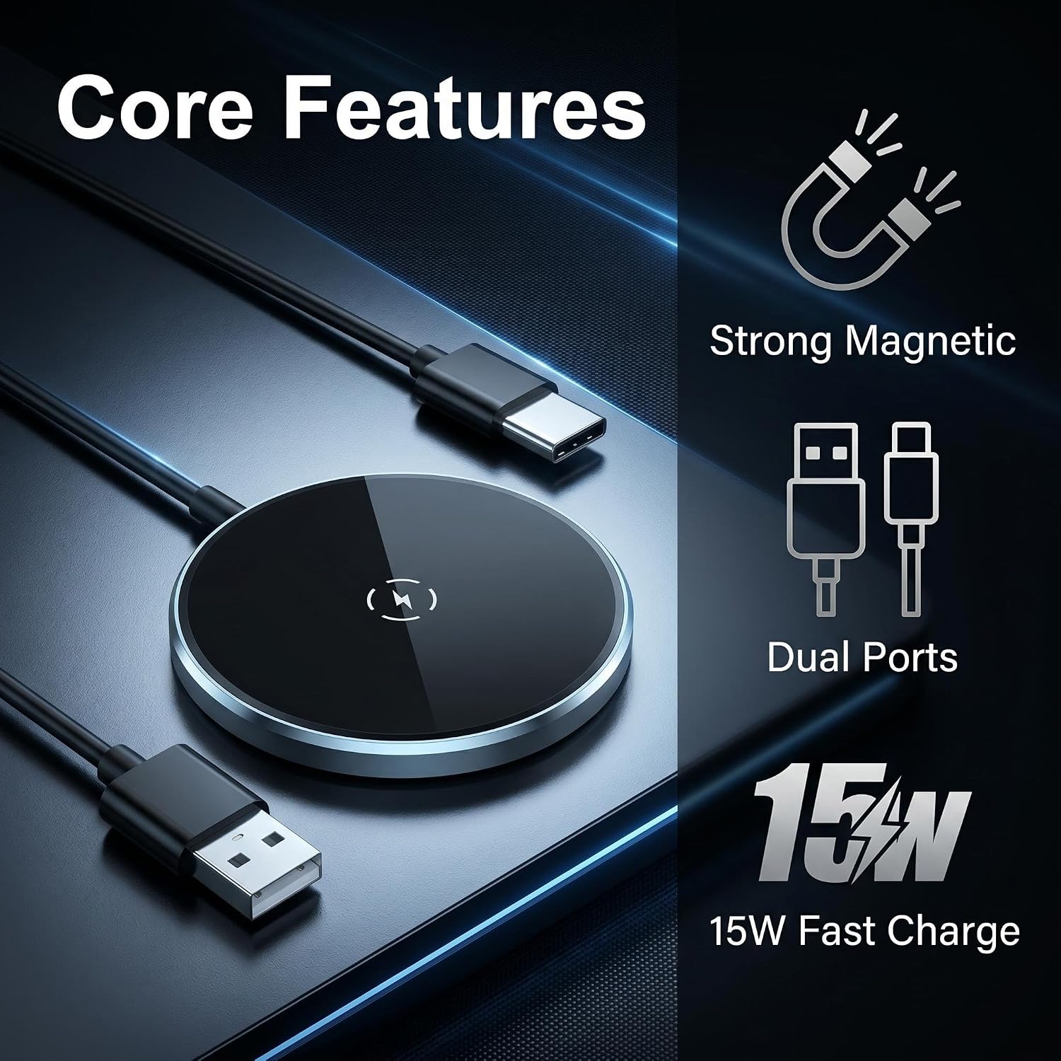 Magnetic Wireless Charger Pad, 15W Fast Charging USB-C Magnetic Charging Cable for iPhone 15/14/13/12 Series, Ultra Slim Portable Magnetic Charging Disc