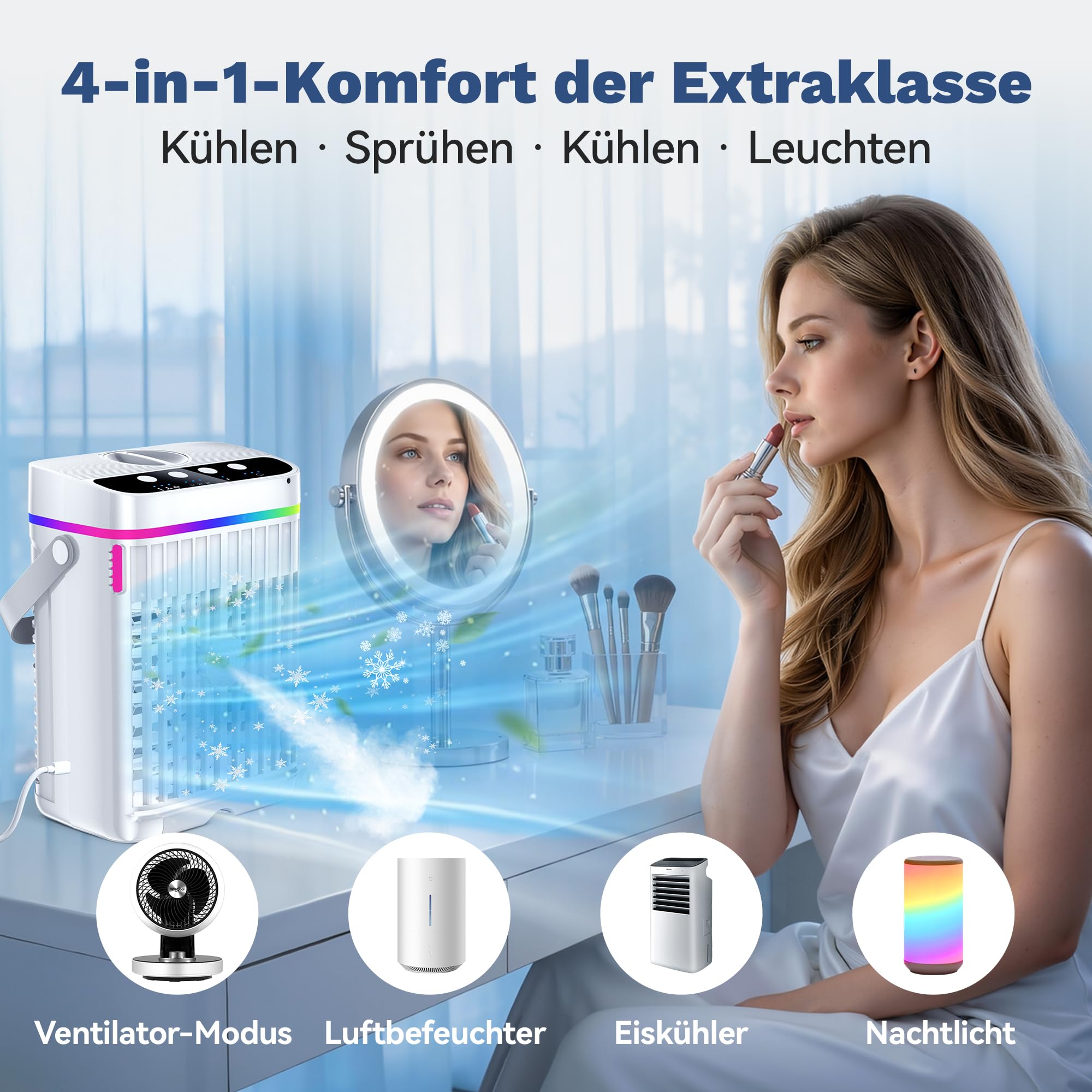 Mobile Klimaanlage 1250 ML, 4 In1 Mini Klimaanlage für Zimmer, Tragbare Mobile Klimagerät mit 1-3 H Timer, 7 Farben, 3 Geschwindigkeiten & 3 Nebelmodi, Leise Mini Luftkühler für Zuhause Büro Reisen