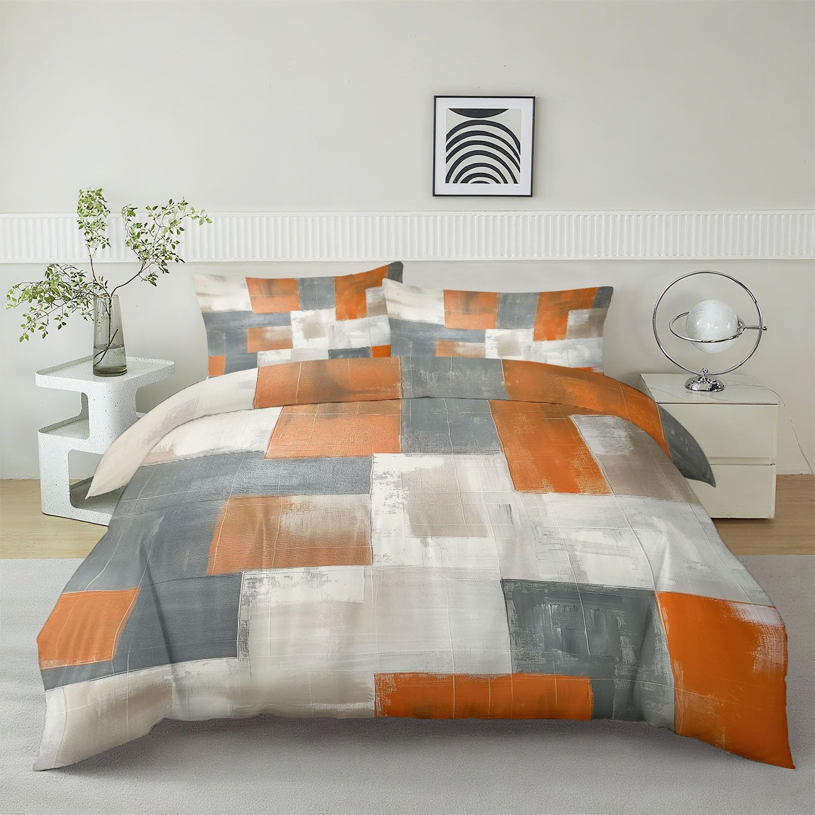 Parures de lit 280 x 240 cm Blocs de Couleurs Gris Orange et Beige Ensemble De Literie avec Fermeture Éclair Art Moderne Réversible Housse de Couette Parure de lit Doux Imprimé avec 2 Taie d'oreiller