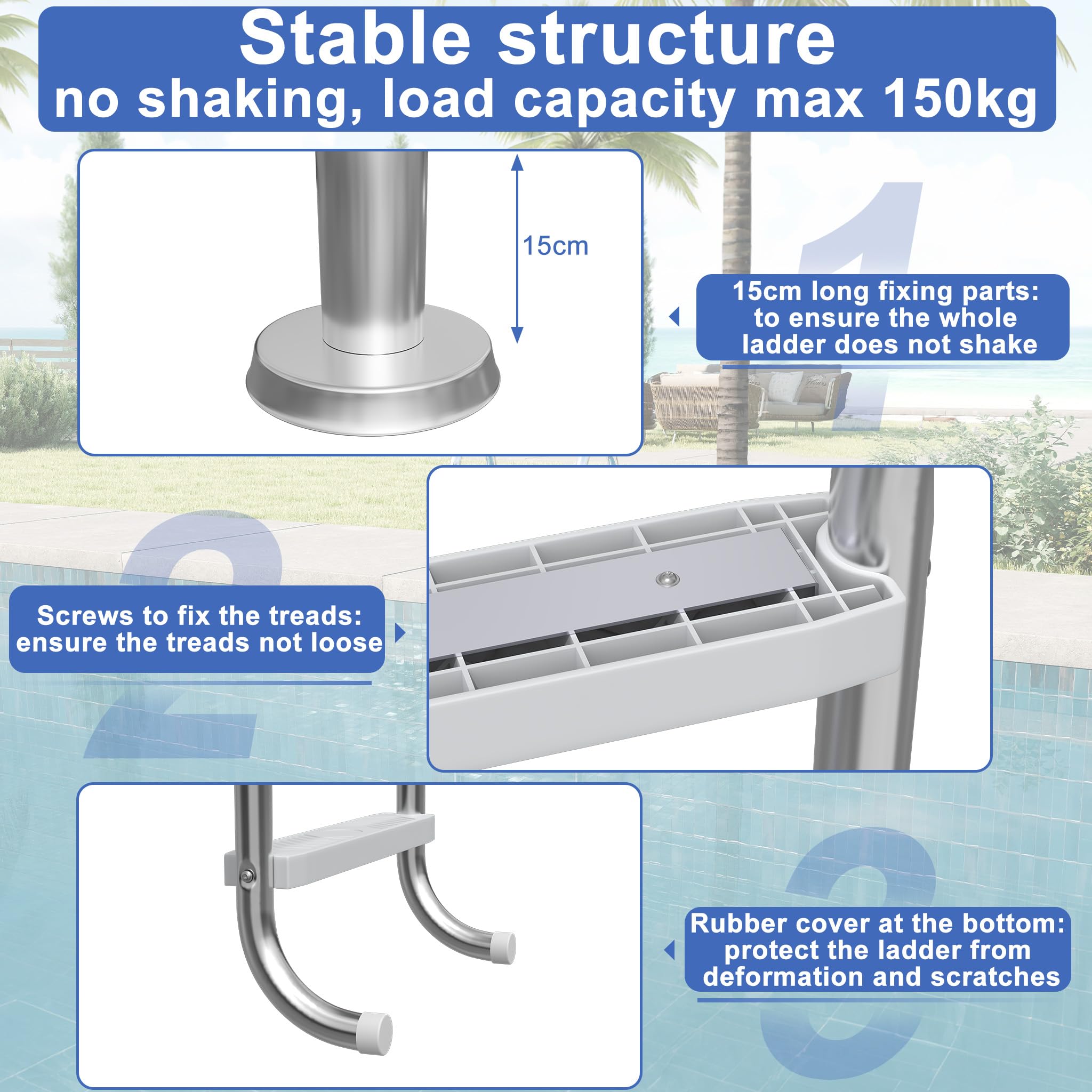UISEBRT Échelle de piscine en acier inoxydable 304 | Échelle de piscine à 3 marches | 132 x 54 x 26,5 cm - Argent | Échelle de piscine avec antidérapant | Échelle d'accès pour piscine et bassin |