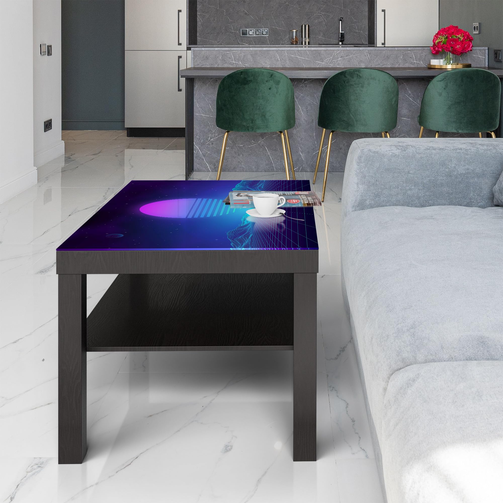 DEQORI Szklany stół, czarny, duży, 90 x 50 cm, motyw neonowego szumu słońca, niezwykły stolik pomocniczy ze szkła, wysoki połysk, stolik kawowy do salonu, nowoczesny stolik kawowy z designerskim