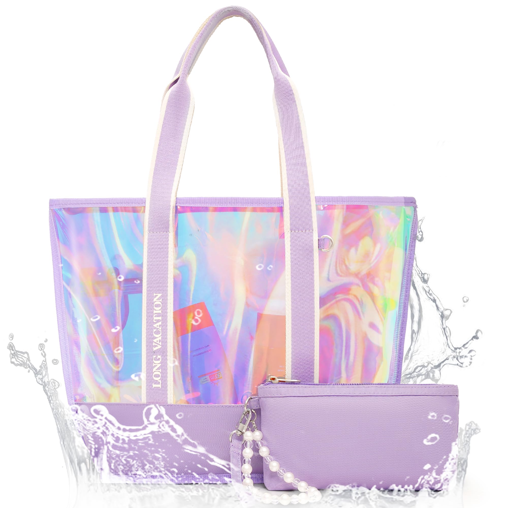 LONG VACATION Beach Bags for Women, PVC Travel Tote Waterproof Sandproof, Beach Bag with Zipper, Iridescent Beach Tote Bag