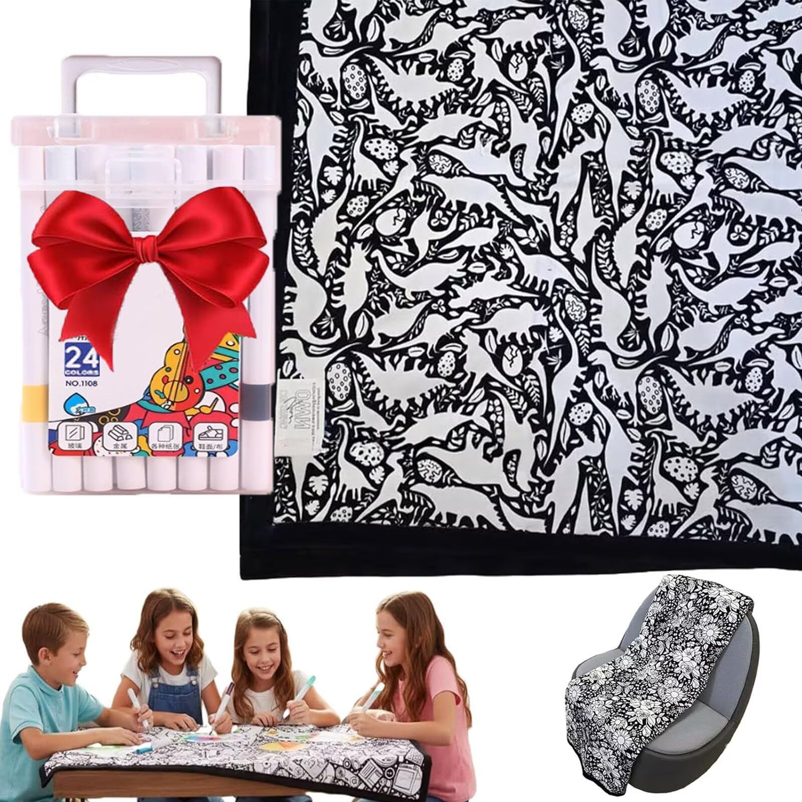 Naturehaven Dinosaurs Diy Coloring Blanket With 24Pc Washable Markers, Creative Art Custom Dyed Fabric Blanket, Own Fuzzy Felt Velvet, Personalized Soft Cozy Bedroom Decor(Dinosaurs)