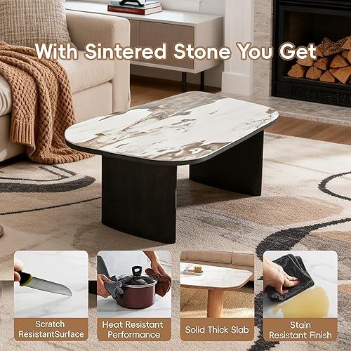 Miniatura 3 de Mesa de centro moderna de cristal, mesa de centro para sala de estar, tapa de vidrio templado con base de madera resistente, mesas de centro Mármol