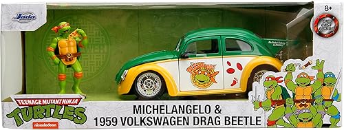Miniatura 2 de Jada Teenage Mutant Ninja Turtles 124 1959 Volkswagen Drag Beetle - Auto fundido a presión y figura de Michelangelo de 2.75 pulgadas, juguetes para