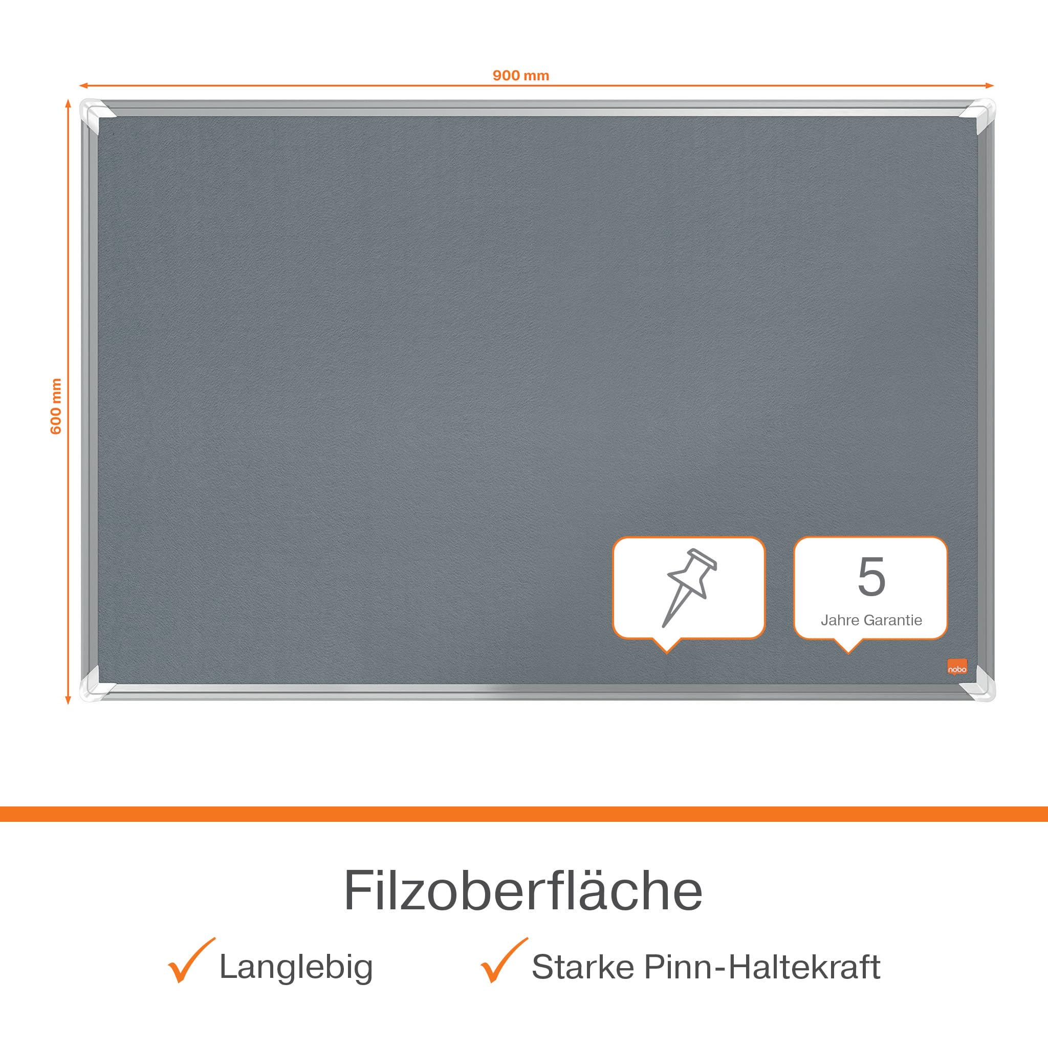 Nobo Filz-Notiztafel, 60 x 90 cm, Aluminiumrahmen, Traditionelle Eckmontage, Premium Plus, Grau, 1915195