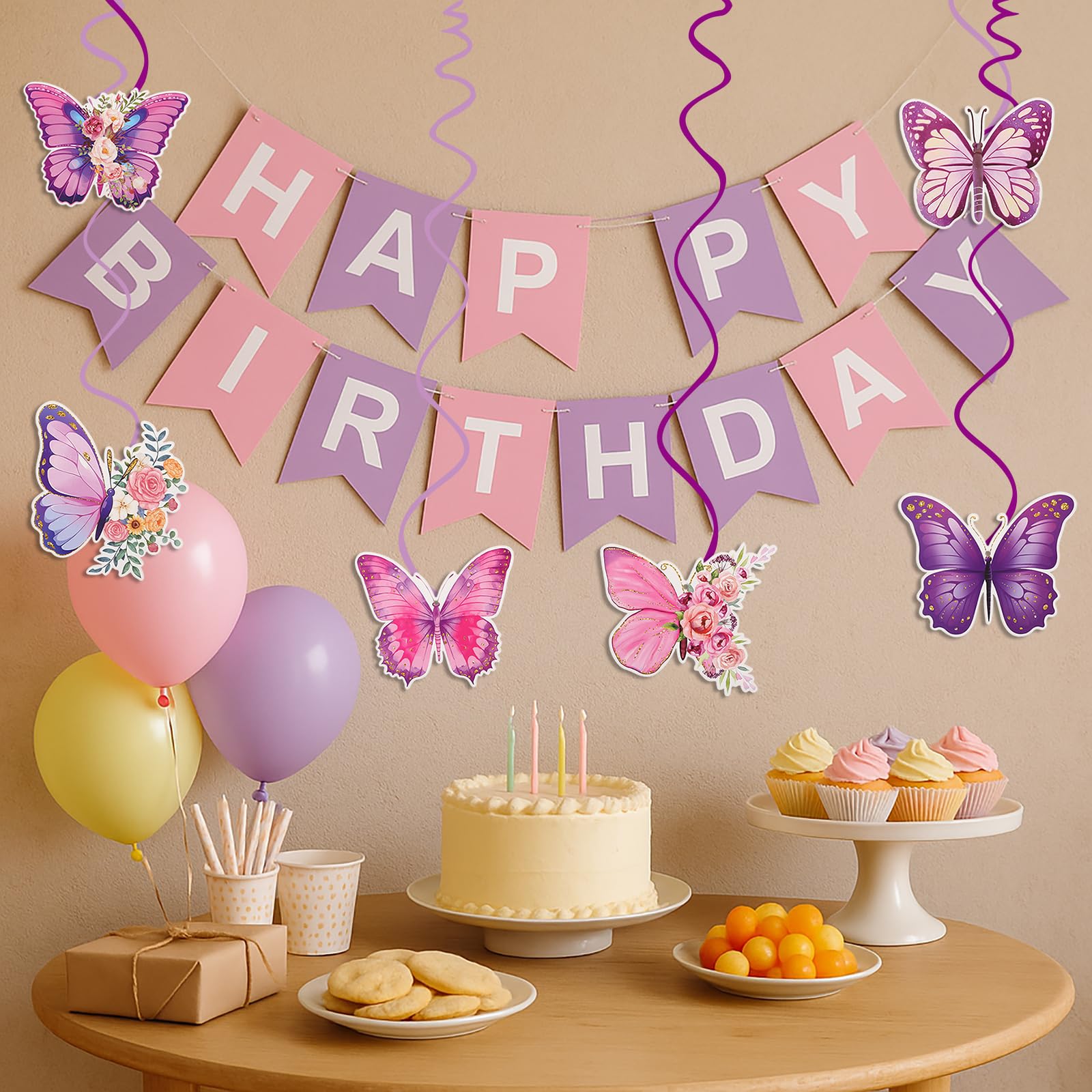 Verjaardagsdecoratie voor de 2e verjaardag, meisjes, roze paarse ballonnen, vlinder folieballonnen, Happy Birthday-banner, ballonnen 2, vlinderstickers