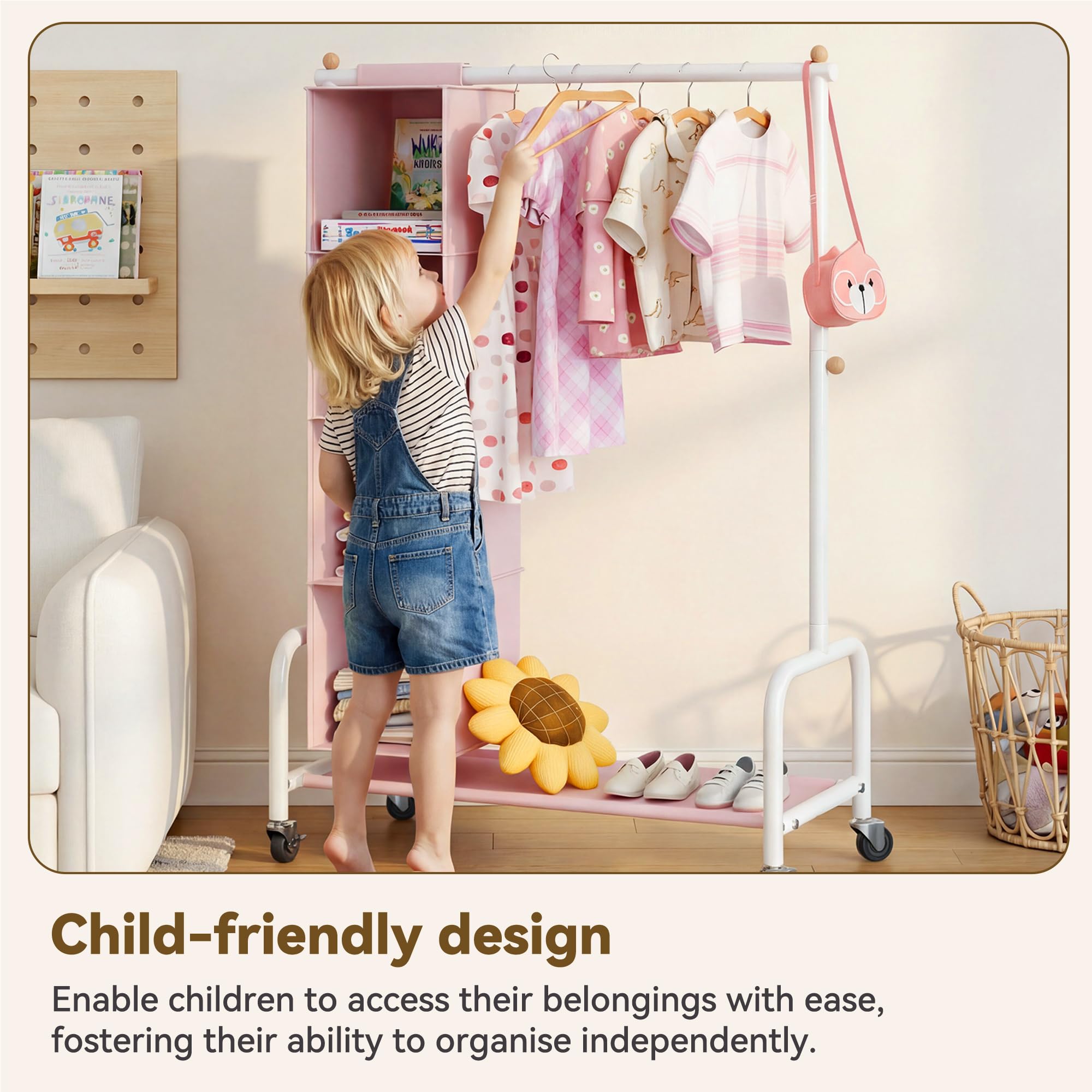 GRANNY SAYS Appendiabiti per Bambini con Organizer a Sospensione, Appendiabiti con Ruote per Travestimenti, Appendiabiti per Bambini, Appendiabiti per la Cameretta dei più Piccoli, Rosa/Bianco