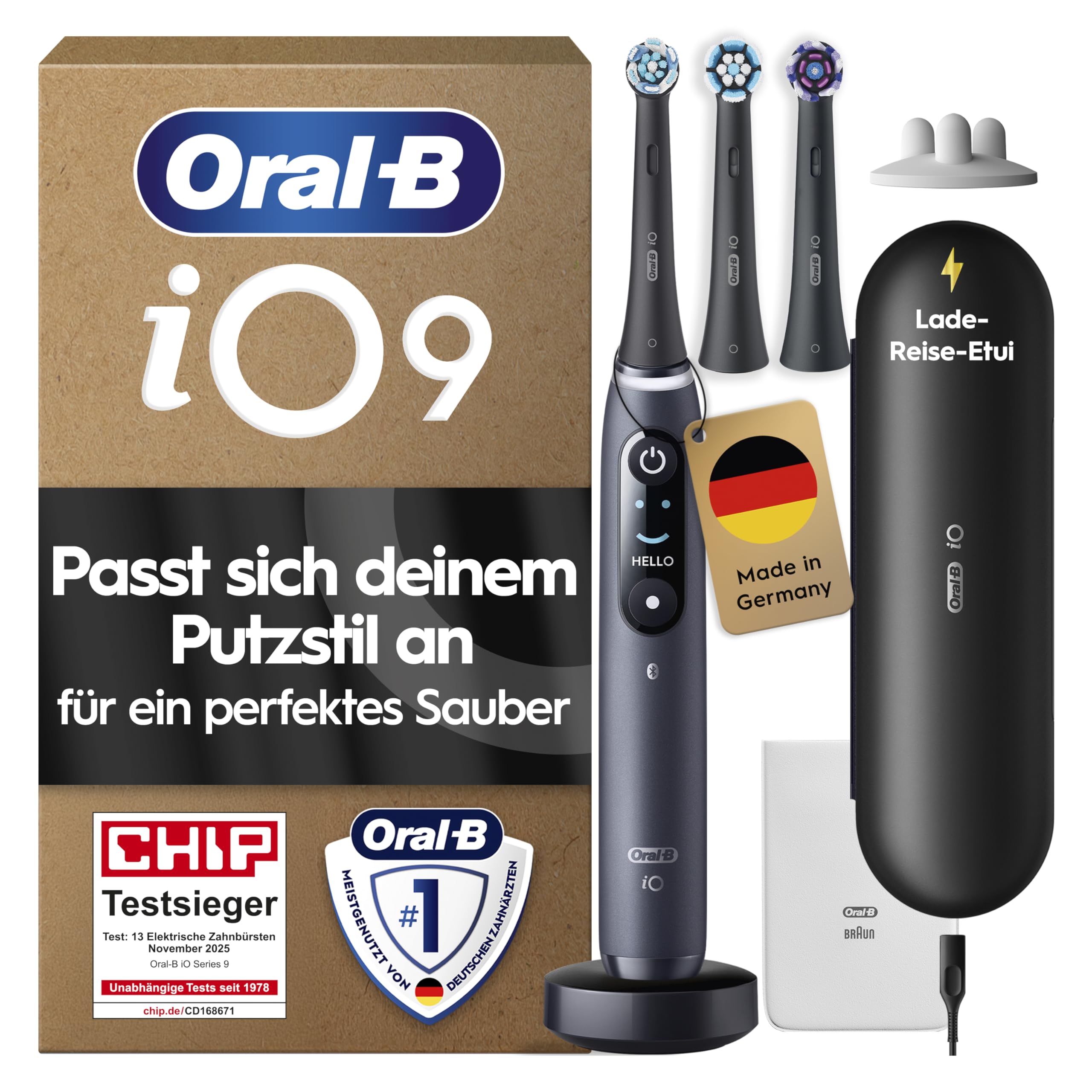 Oral-B iO Series 9 Elektrische Zahnbürste — Electric Toothbrush, Inkl. 3 Aufsteckbürsten — 7 Modi für Zahnpflege, CHIP Testsieger (11/25), Designed by Braun, Schwarz