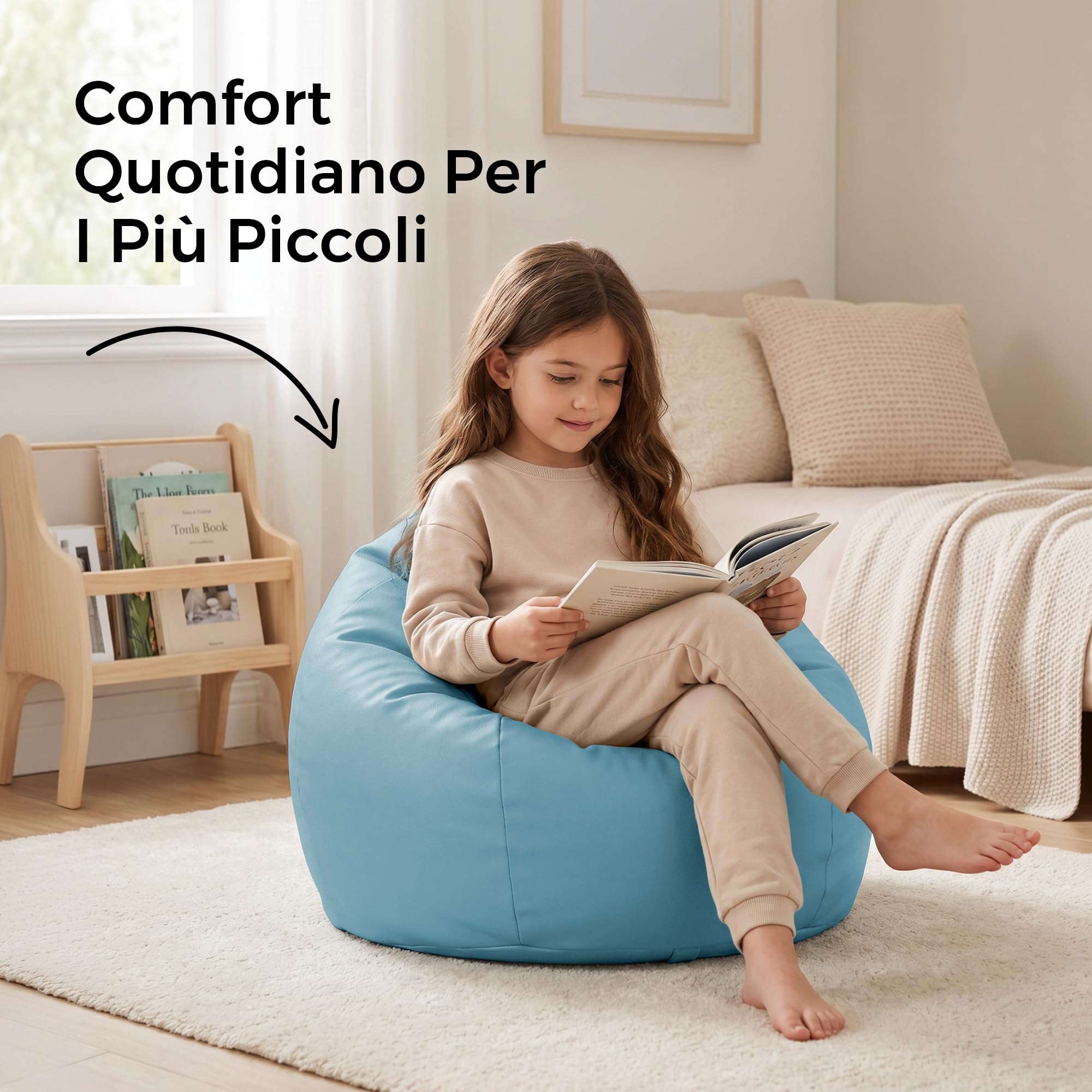 Happers Pouf Bambini Poltrona Morbida a Sacco per Sedersi con Imbottitura Puff per Gioco Relax Lettura Puffo Interno Ecopelle Quotidiano di lunga Durata Azurro