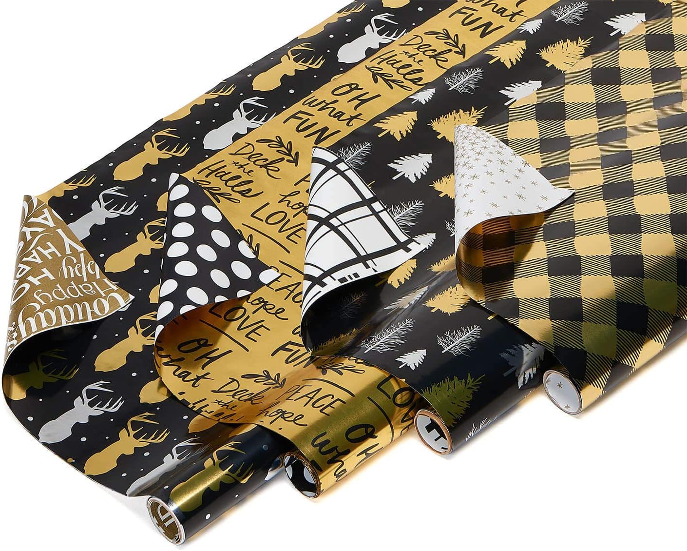 American Greetings 80 sq. ft. Reversible Christmas Wrapping Paper Bundle, Black and Gold Foil, Plaid, Trees and Reindeer (4 Rolls 30 in. x 8 ft.) Reversible Black and Gold, Plaid, Trees and Reindeer