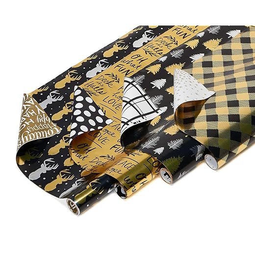 American Greetings 80 sq. ft. Reversible Christmas Wrapping Paper Bundle, Black and Gold Foil, Plaid, Trees and Reindeer (4 Rolls 30 in. x 8 ft.)