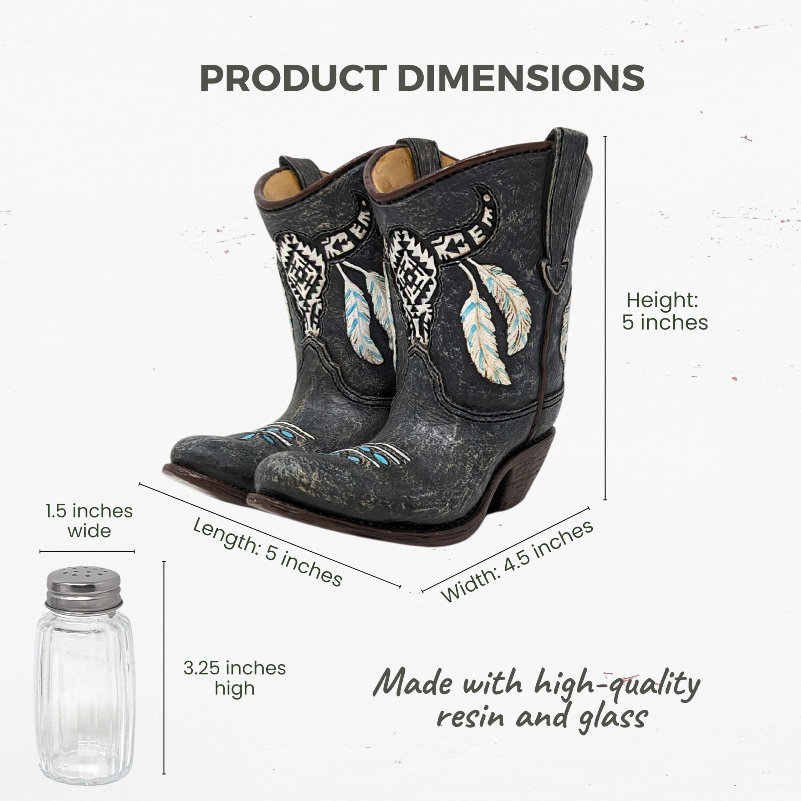 Juego de salero y pimentero de botas vaqueras, decoración rústica occidental con diseño de piel sintética, soporte decorativo de resina con agitadores de vidrio, accesorio único de cocina o mesa de