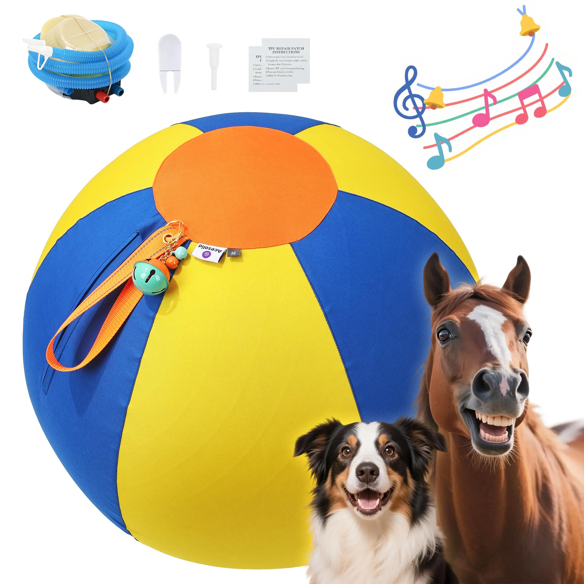 Acesolid 22 Inch Jingle Herding Ball for Dogs & Puppies with Bell, Dog Play Toy, Audible Herding Ball for Cattle Dog, Australian Shepherd, Thickened Oxford Cover, Pump, Patch Repair Kit