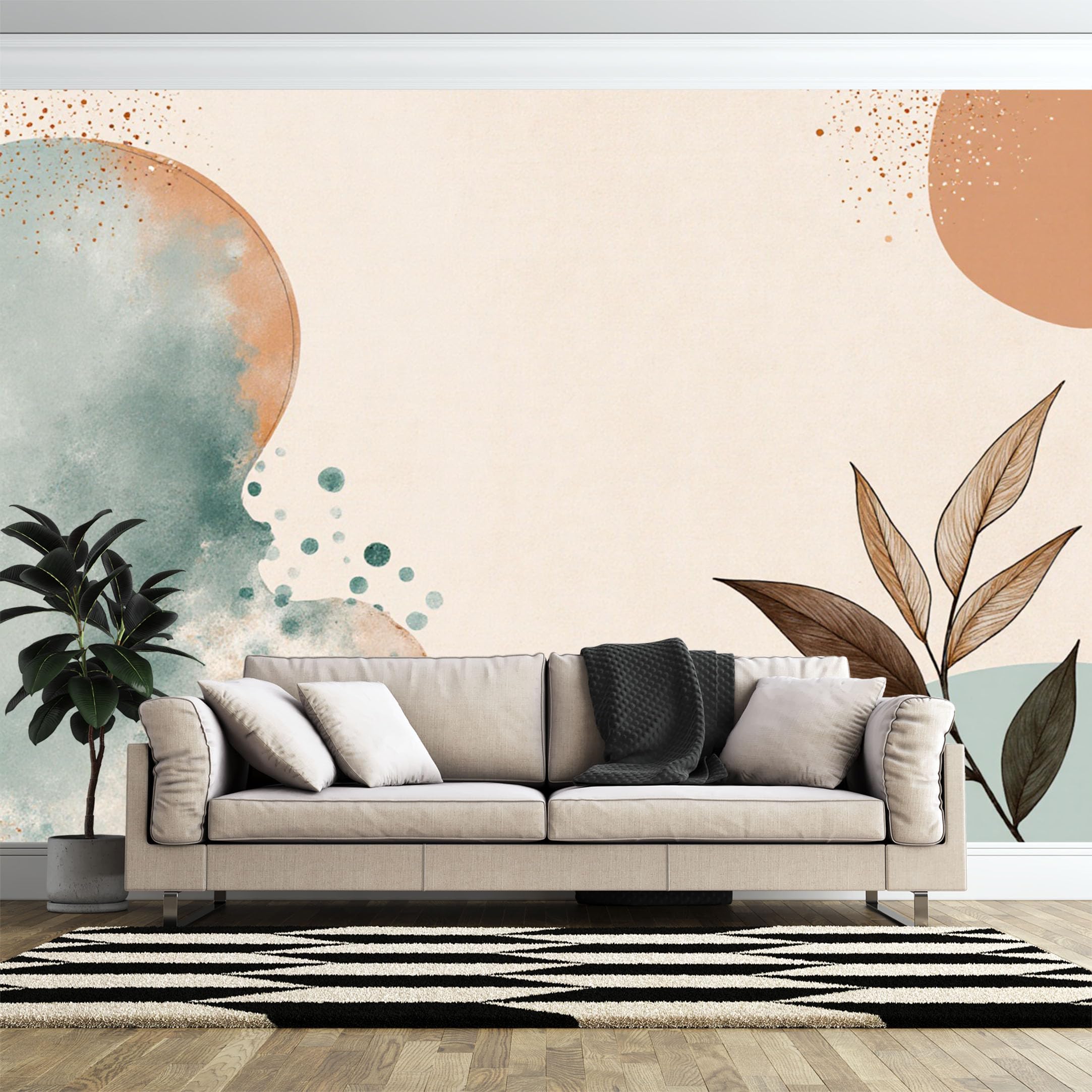 Custom Size 3D Printed Wall Mural, Teal Peach Abstract Watercolor Branch,Self-Adhesive Art Prints wall Fabric （No PVC） Removable Wallpaper for Home Decor