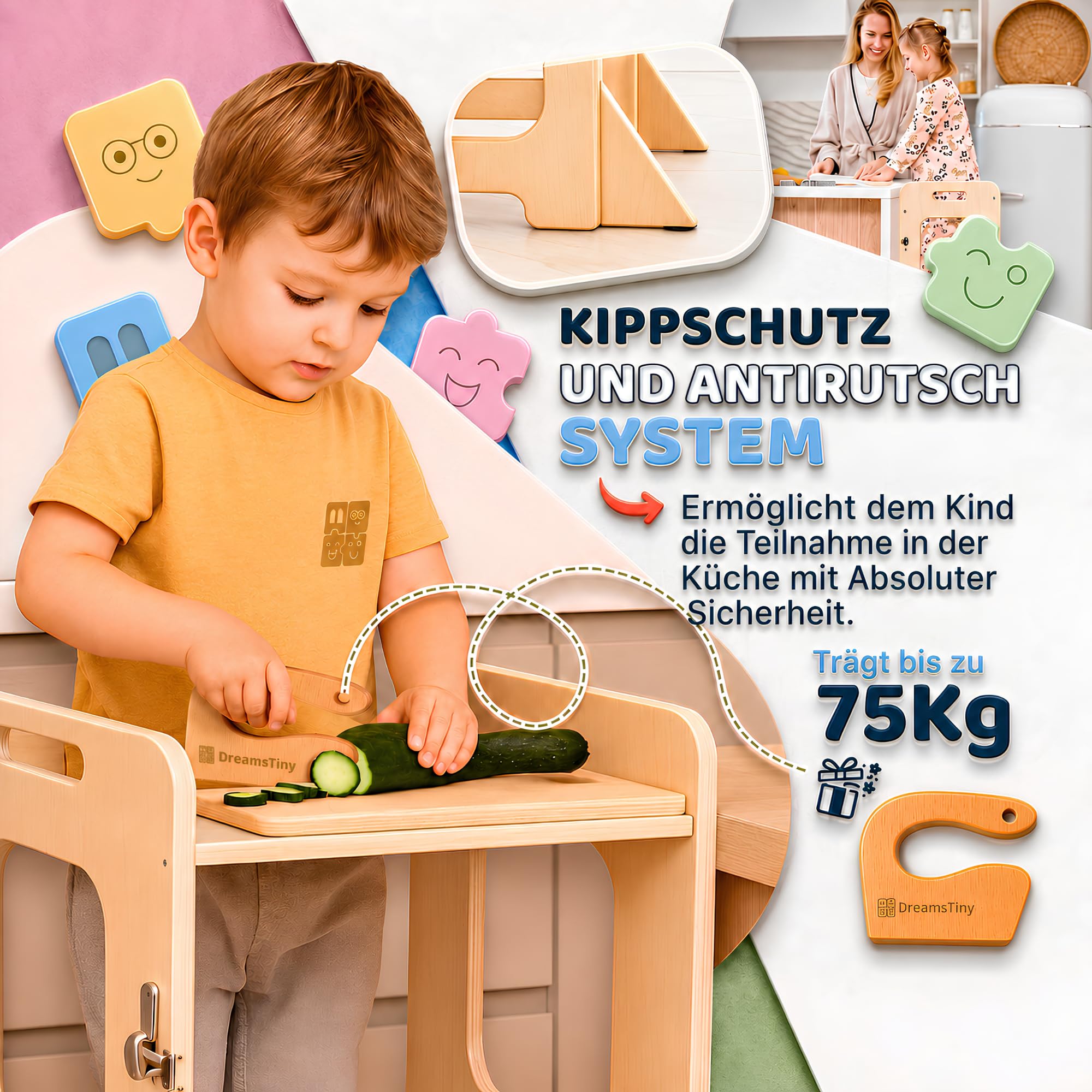 Lernturm ab 1 Jahr Klappbar 3-in-1, Lernturm mit Rausfallschutz | Inklusive Xylophon, Malbuch, Buntstiftbox, Schneidewerkzeug und Montageset, Lernturm Klappbar, Montessori Learning Tower