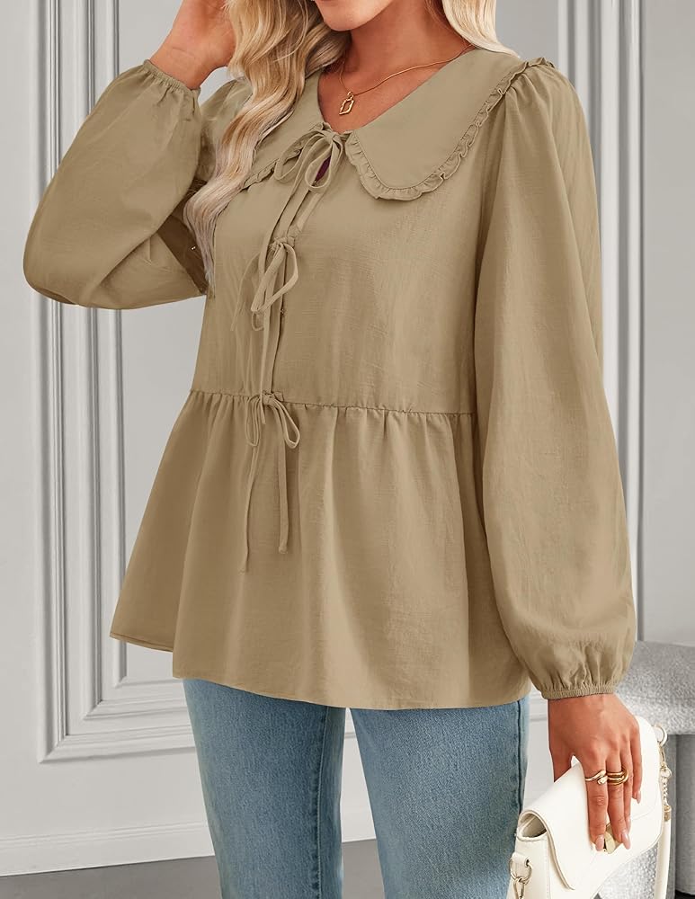 ジャケット・アウター POPPY PEPLUM PUFF TOPS (KHAKI) ZESICA Women's Tie Front Peplum Tops Long Puff Sleeve Lapel