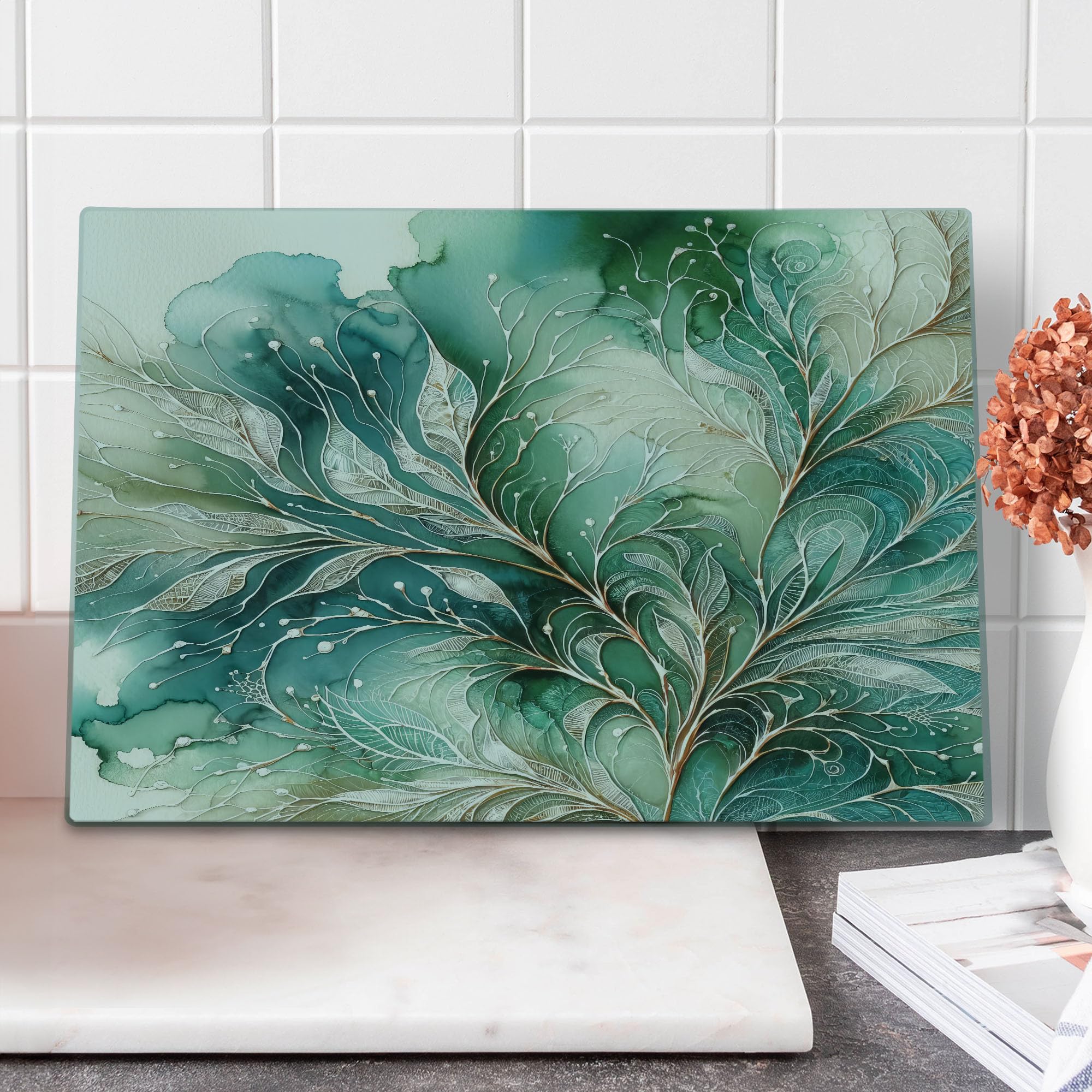 Ambesonne Teal Cutting Board, Abstract Marble Print Design of Greenery Clouds and Dreamy Leafy Peduncles, Decorative Tempered Glass Cutting and Serving Board, Large Size, Cadet Blue Dark Khaki