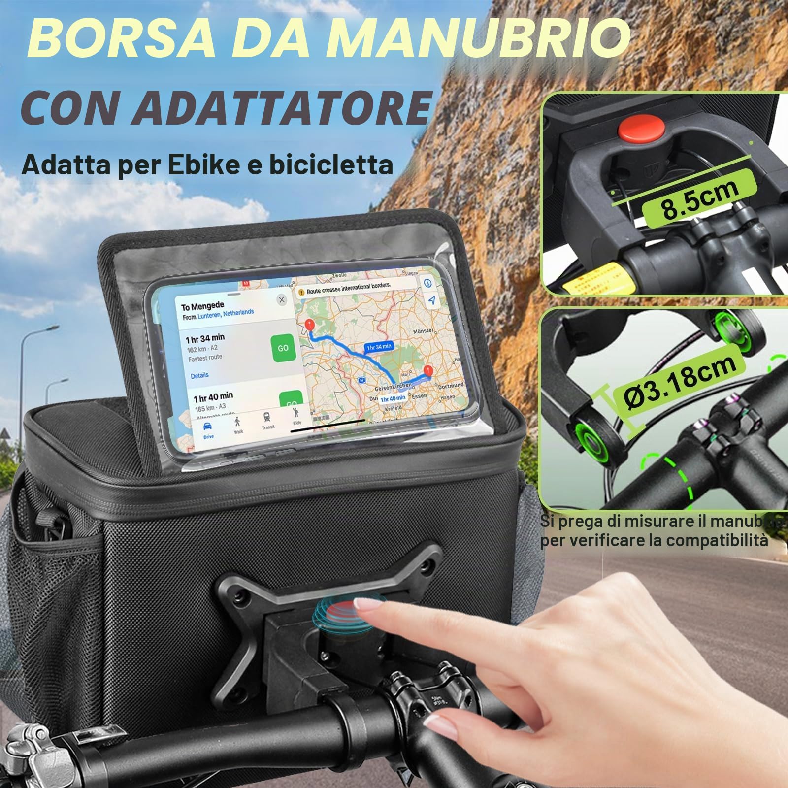 FINEW Borsa da manubrio per bicicletta con adattatore elettrico, 6 l, impermeabile, supporto cellulare, touchscreen, tracolla rimovibile, parapioggia