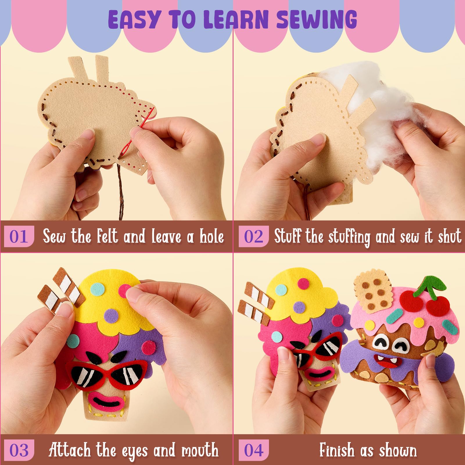 TUZT Kit Couture Enfant 12 DIY Desserts Bricolage avec Couture en Feutre & Aiguilles Plastique Loisir Créatif Jouet Cadeau pour Garçon Fille 5-10 Ans