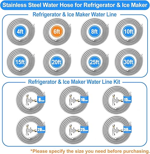 Miniatura 6 de Línea de agua para refrigerador (2 piezas) – Manguera de agua trenzada de acero inoxidable de alta calidad para máquina de hielo de 6 pies + 20