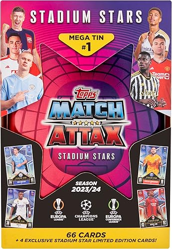 Topps Match Attax 23/24 - Mega lata aleatoria - Contiene 66 cartas Attax Match más 4 cartas exclusivas de edición limitada Stadium Stars