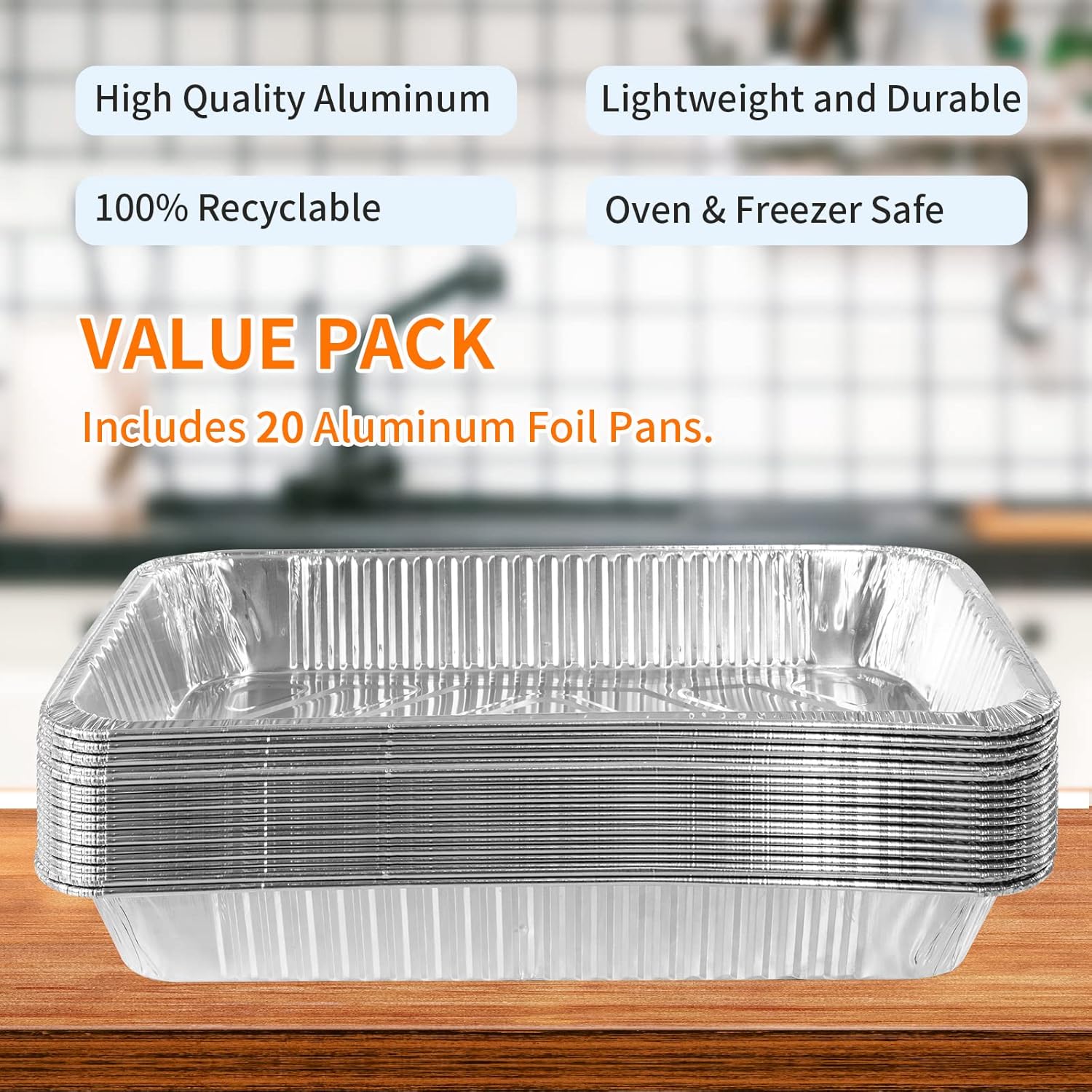 Disposable Aluminum Foil Pans 21 x 13 Full Size (20 Pack) Heavy-Duty, Rectangular Food Containers Great for Baking, Cooking, Heating, BBQ, Storing, Prepping Food