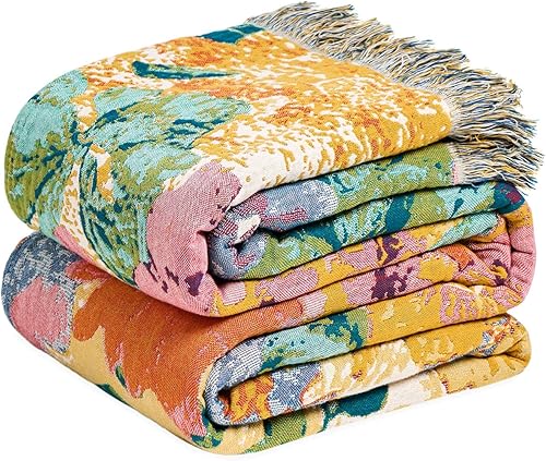 Miniatura 40 de MSGKV - Manta bohemia para sofá con hojas de algodón 50 x 60 pulgadas, mantas para sofá, silla, muselina transpirable, ligera, mantas de estilo