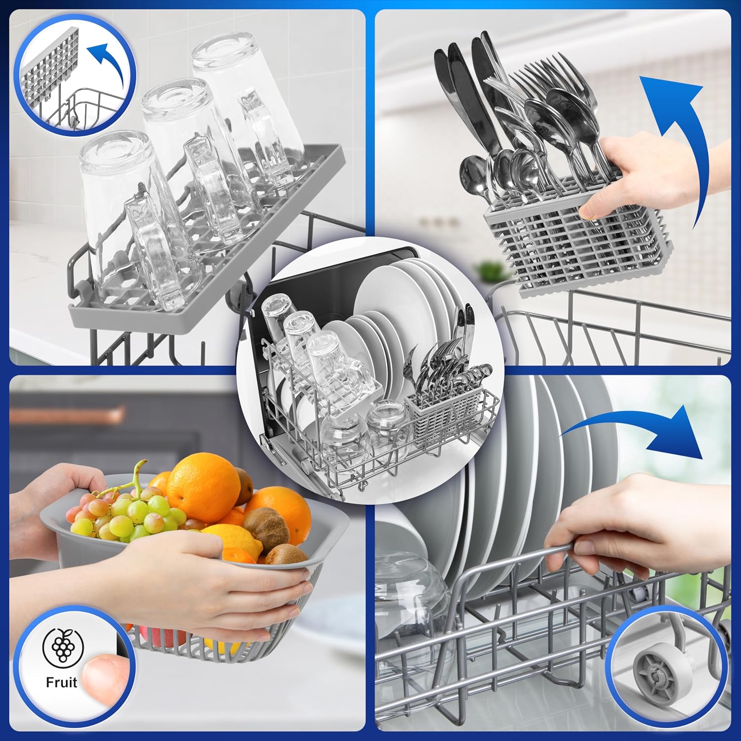 Dishwasher interior with loaded racks, cutlery holder, and fruit basket