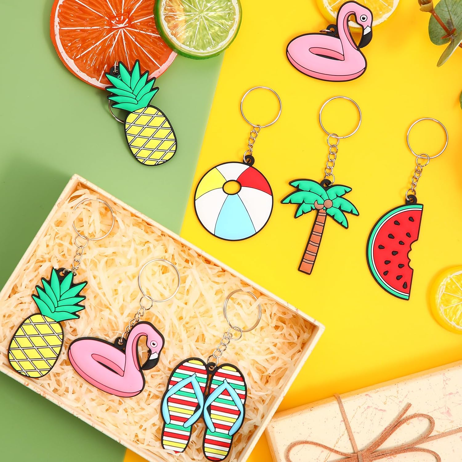 Ferreve 120 Pcs Summer Keychain Bulk Pineapple Keychain Hanging Accessories Set Beach Keyring for Tropical Hawaiian Party Favors Supplies Summer Decoration