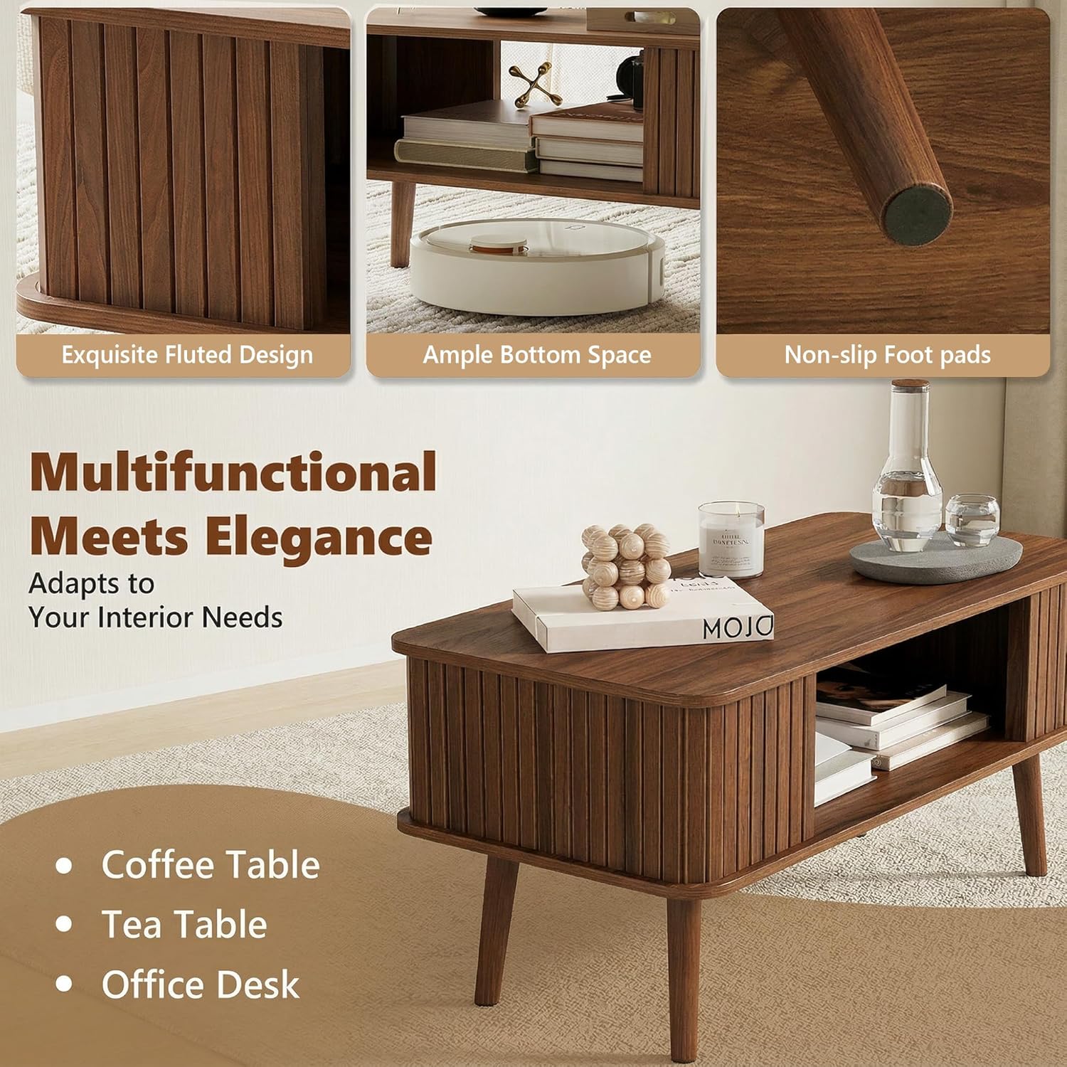 LAZZO Coffee Table with Storage Center Table for Living Room Rectangle Coffee Table with Rounded Edges,Easy Assembly, Walnut