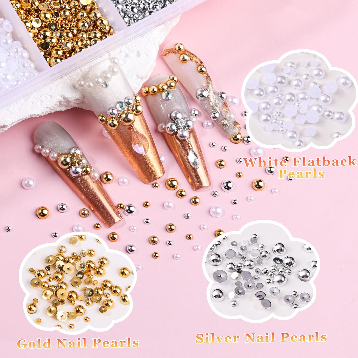 8000Pcs 3D Nail Charms and Nail Gems, Mixed Shapes and Colors Nail Charms Gold Silver Cross Star Caviar Beads Pearls Pink White Flowers Bows Charms with Tweezers for Nail Art Design Junk Case