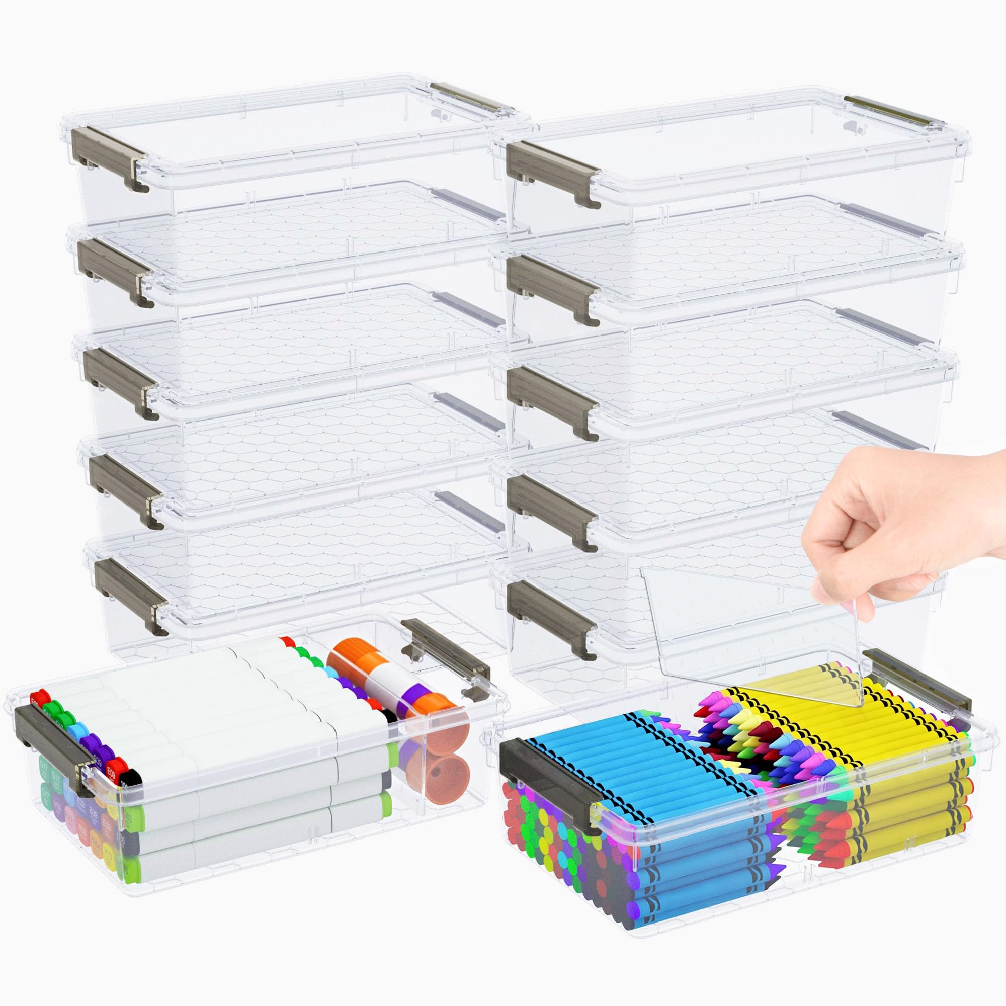 GEOPHIA 12 Pack Extra Large Pencil Box with Removable Dividers, Thickened Plastic Pencil Case Bulk, Clear Crayon Storage Box Stackable Marker Organizer Containers for Pen, Craft, Art (12 Pack)