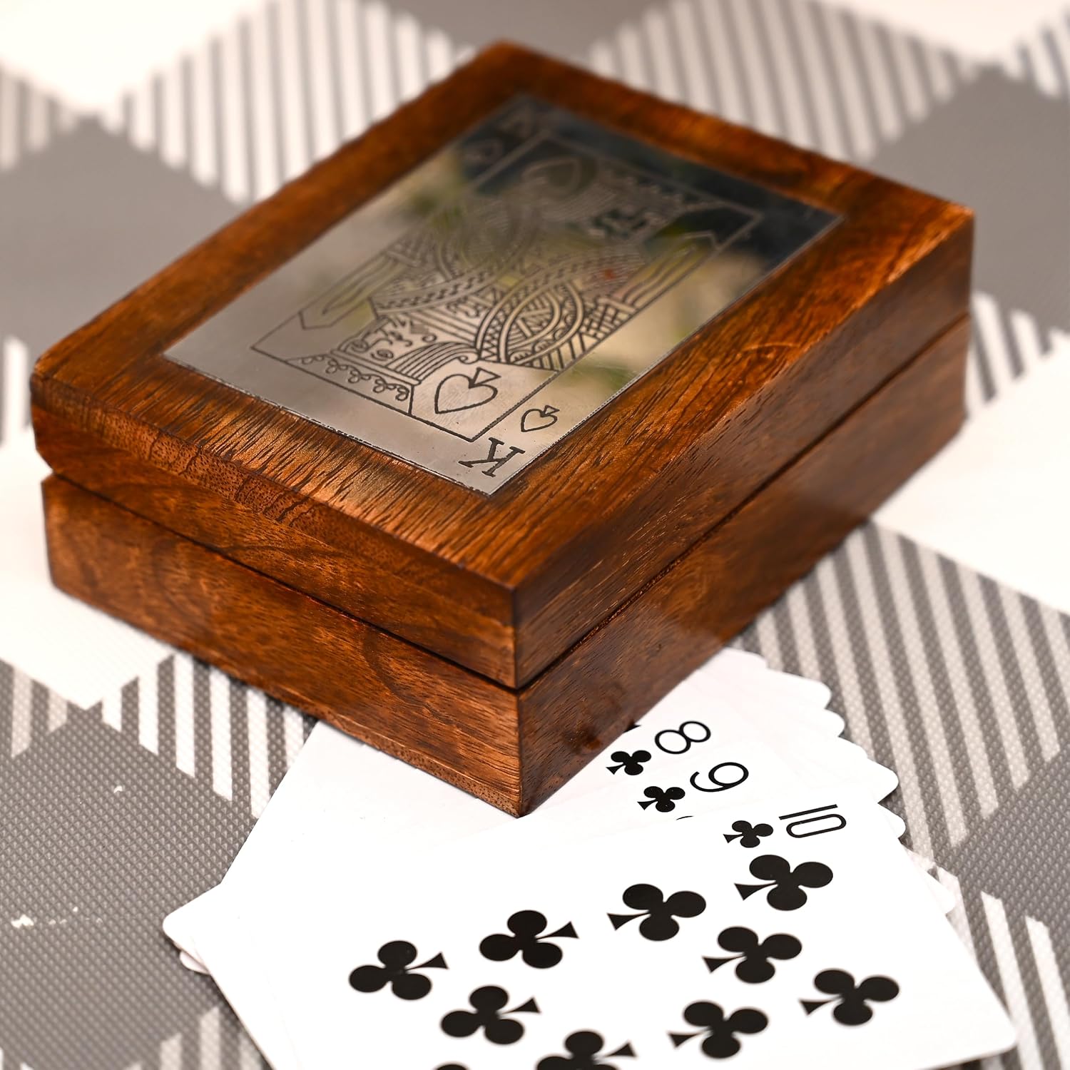 Handmade Wooden Classic Playing Card Case Traditional Handcrafted Storage Box King Playing Card Box Holder Organizer with Brass King Design Brown (Design-2) image 2